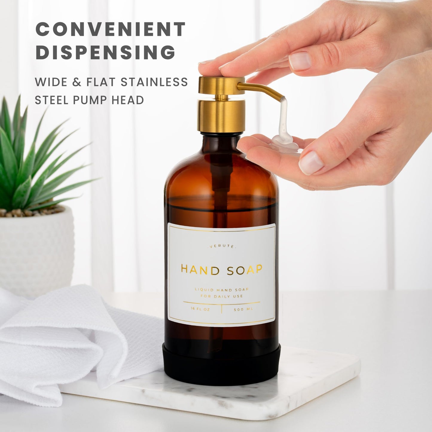 Verute 500ml Glass Soap Dispenser with Stainless Steel Pump, 21 Waterproof Labels, Non-Slip Protective Silicone Pad, Set of 2 for Bathroom & Kitchen (Amber Bottle/Brushed Gold Pump)