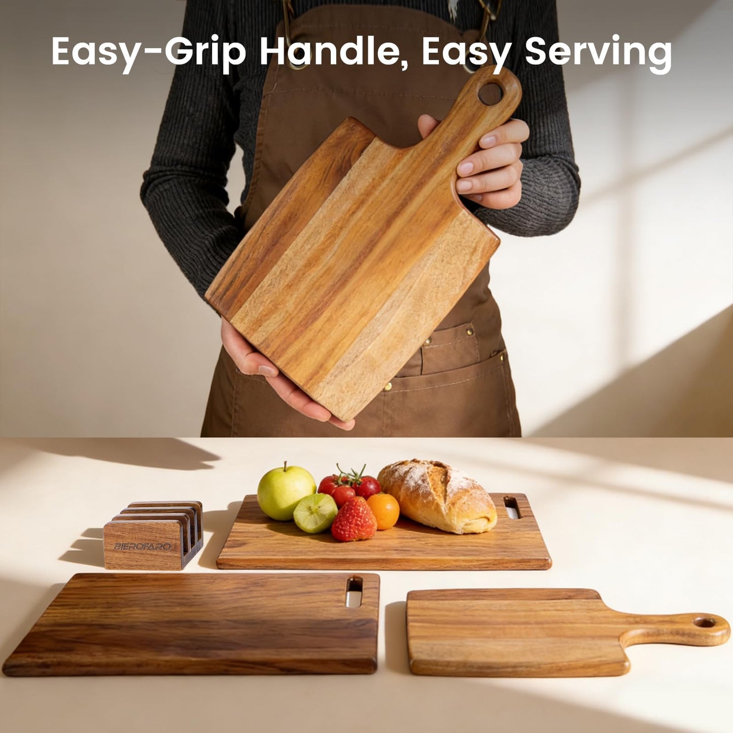Acacia Wood Cutting Board Set of 3 with Holder, Wooden Cutting Boards for Kitchen, Chopping Board Set with Handle for Meat, Bread, Cheese & Serving, Charcuterie Boards
