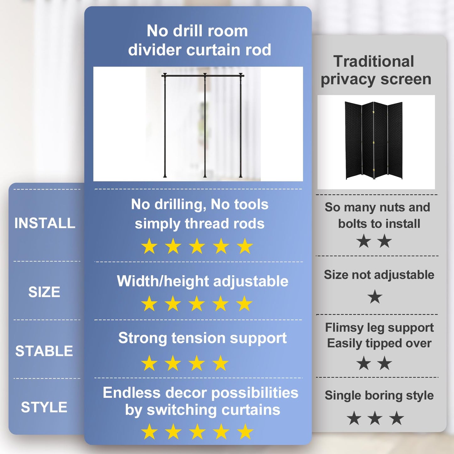 Room Divider, No Drilling Curtain Rod for Room Separation, 4-10ft (H) 28-114inch(W) Adjustable Heavy Duty Floor to Ceiling Wall Divider Hanging Room Dividers Partition Space Separator Matte Black