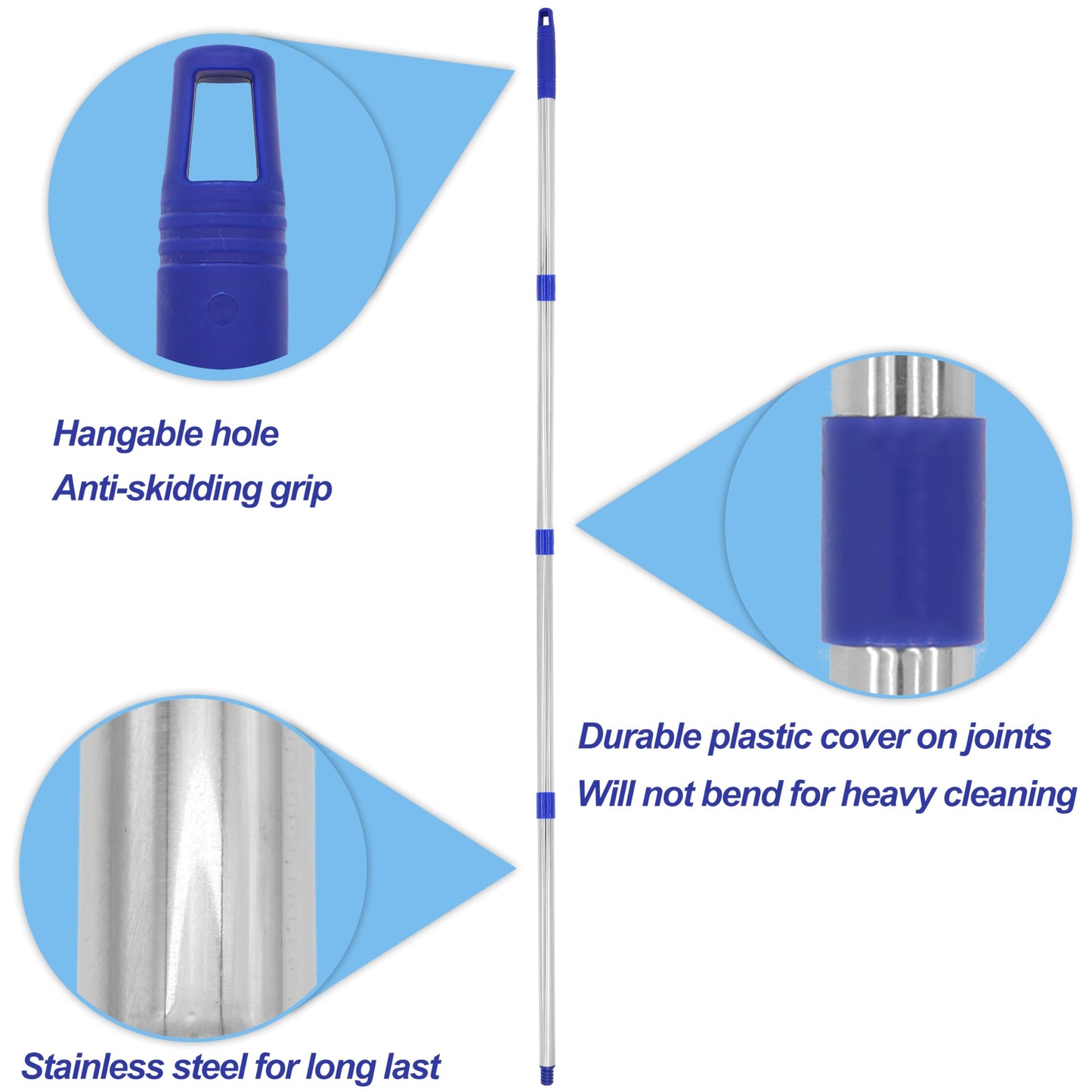Cotton Cloth Mop, 4 Section Stainless Steel Pole + Two Cotton String Mop Heads White