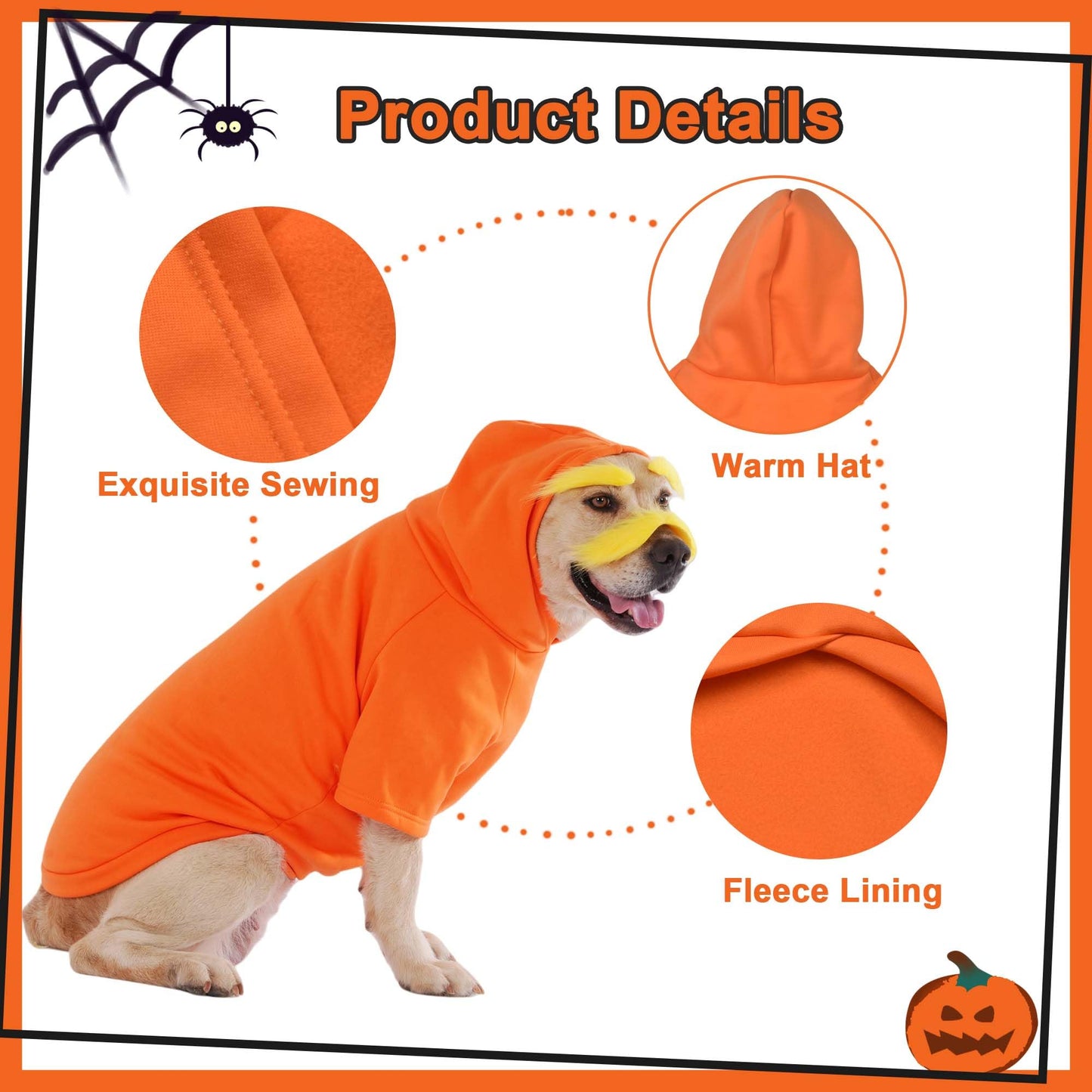 Littledropet Dog Costume with 3 Packs Yellow Mustache Eyebrows,Halloween Costume Cosplay Outfits for Medium Large Dogs,Dog Hoodie Sweatshirt Funny Clothes Pet Apparel,5XL
