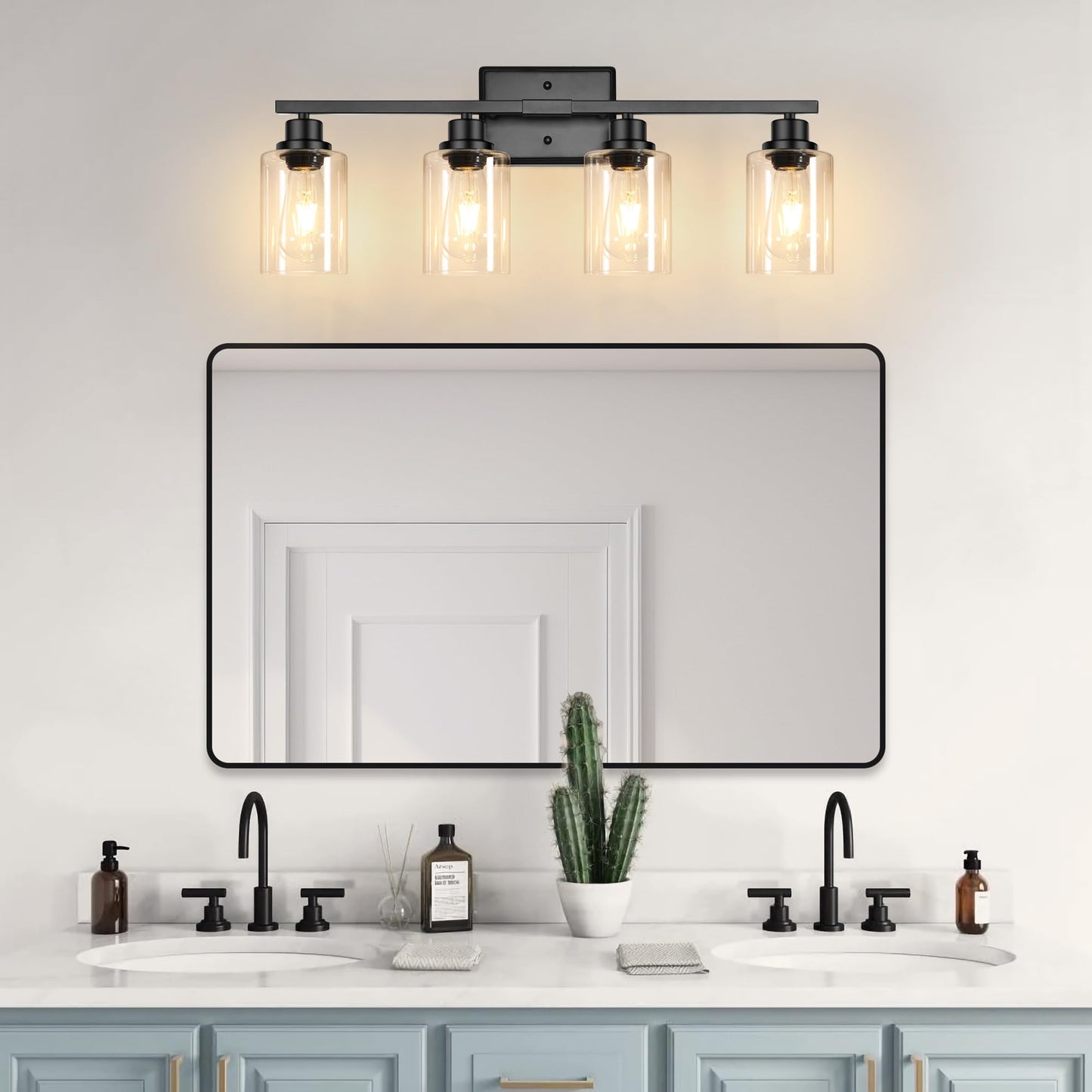 Ascher Bathroom Light Fixtures, 4-Light Vanity Lights with Clear Glass Shade, Modern Black Finish Wall Light for Mirror Bedroom Hallway Cabinet Porch