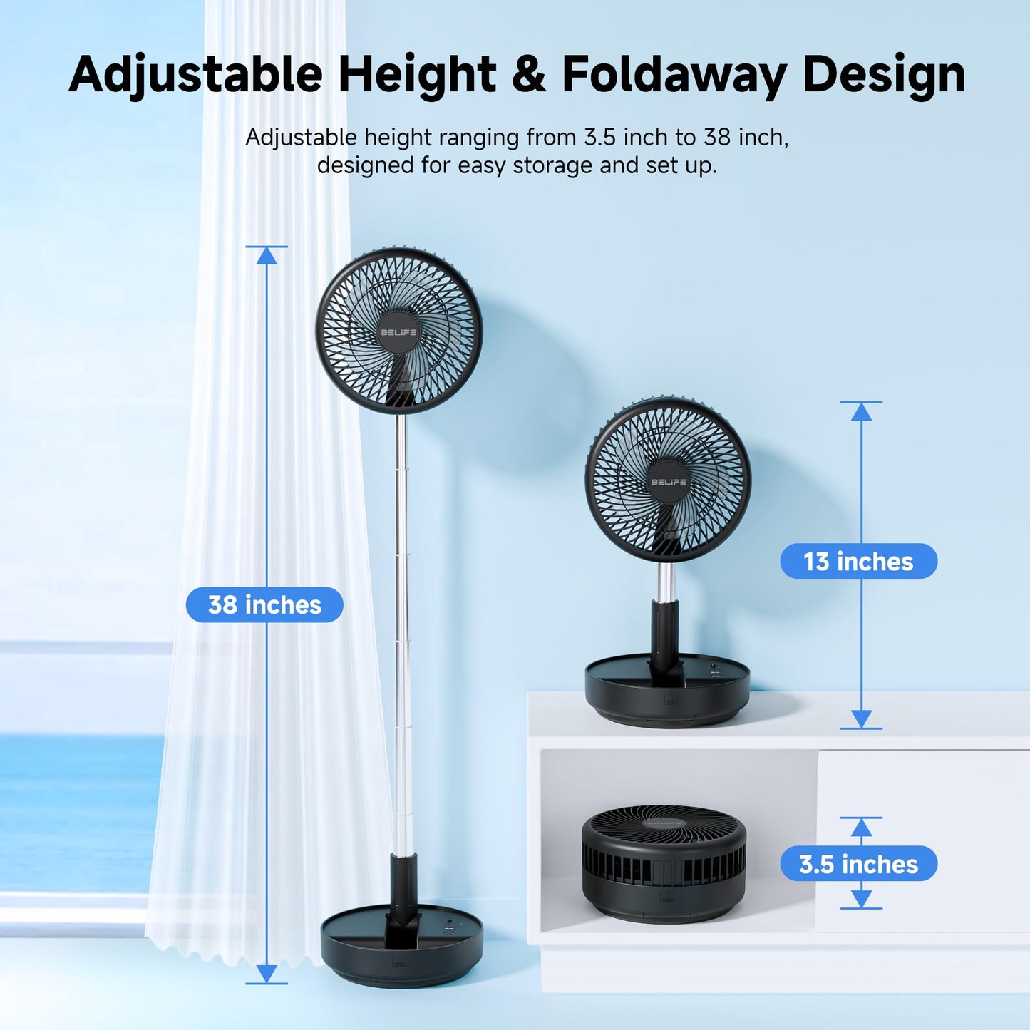 Belife X8 Portable Fan, Cordless 7200mAh Battery Operated Oscillating Fan, USB Rechargeable Desk Floor Fan with Remote, Foldable Telescopic Fan for Home Bedroom Sleeping Office Camping Travel