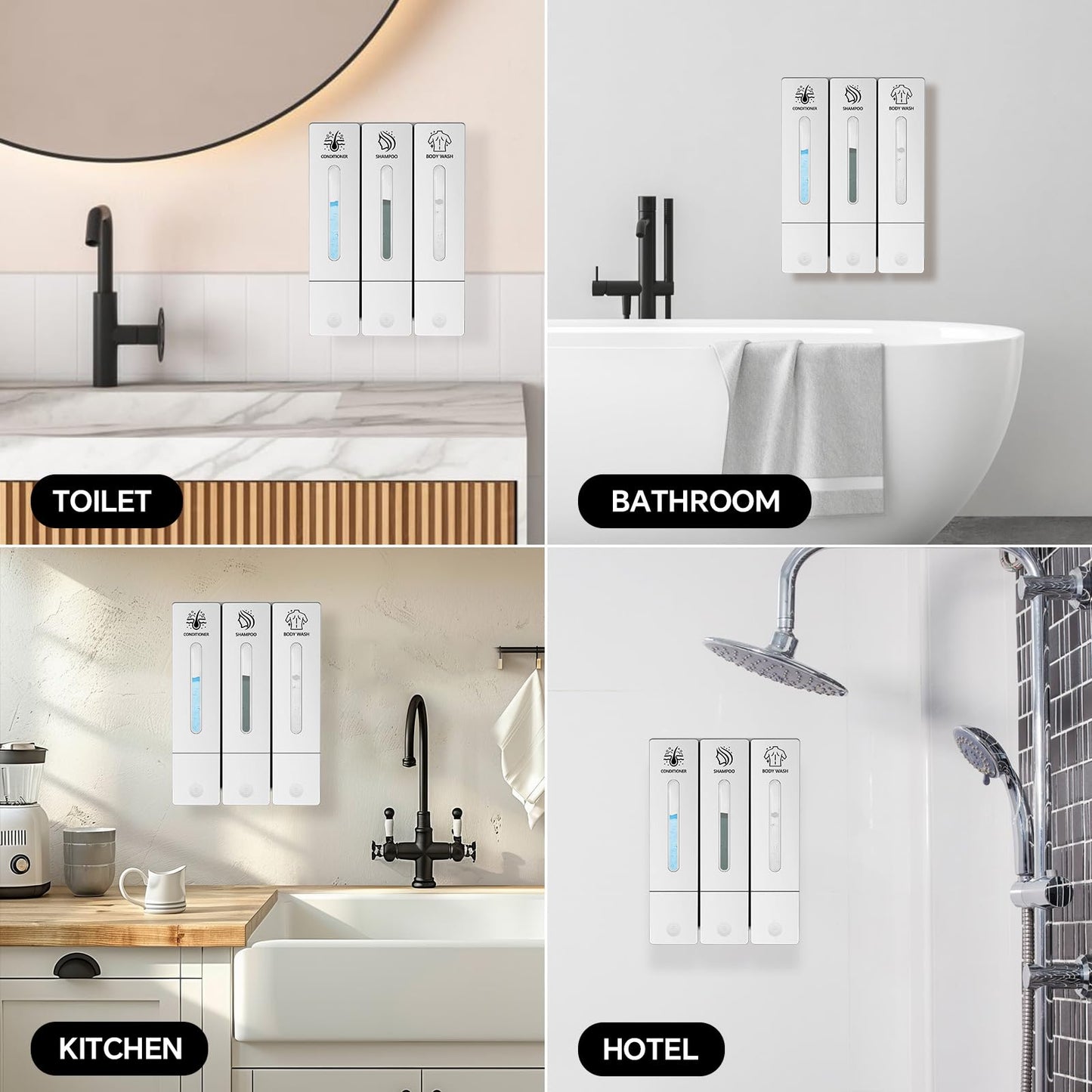 KOYFOYO Shampoo and Conditioner Dispenser, Shower Soap Dispenser 3 Chamber No Drill, Shampoo Dispenser for Shower Wall, Body Wash Dispenser Wall Mounted for Bathroom Hotel (3x13.5oz White)