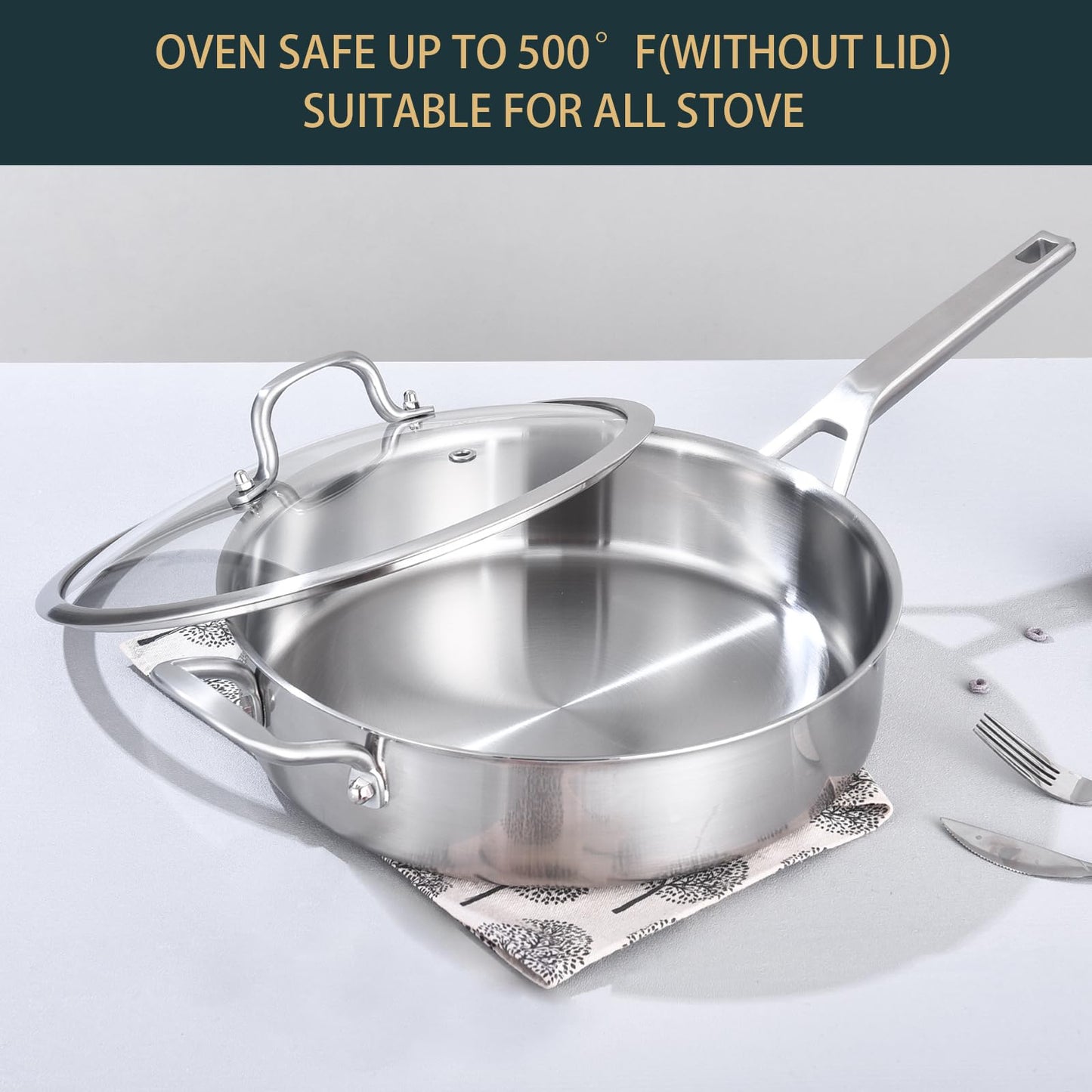Tri-Ply Stainless Steel Saute Pan 6QT, 12 Inch Deep Frying Pan with Lids, 3-Layer Saute Pan with Lid Large Skillet with Stay Cool Handle, Induction Pan, Dishwasher and Oven-Safe