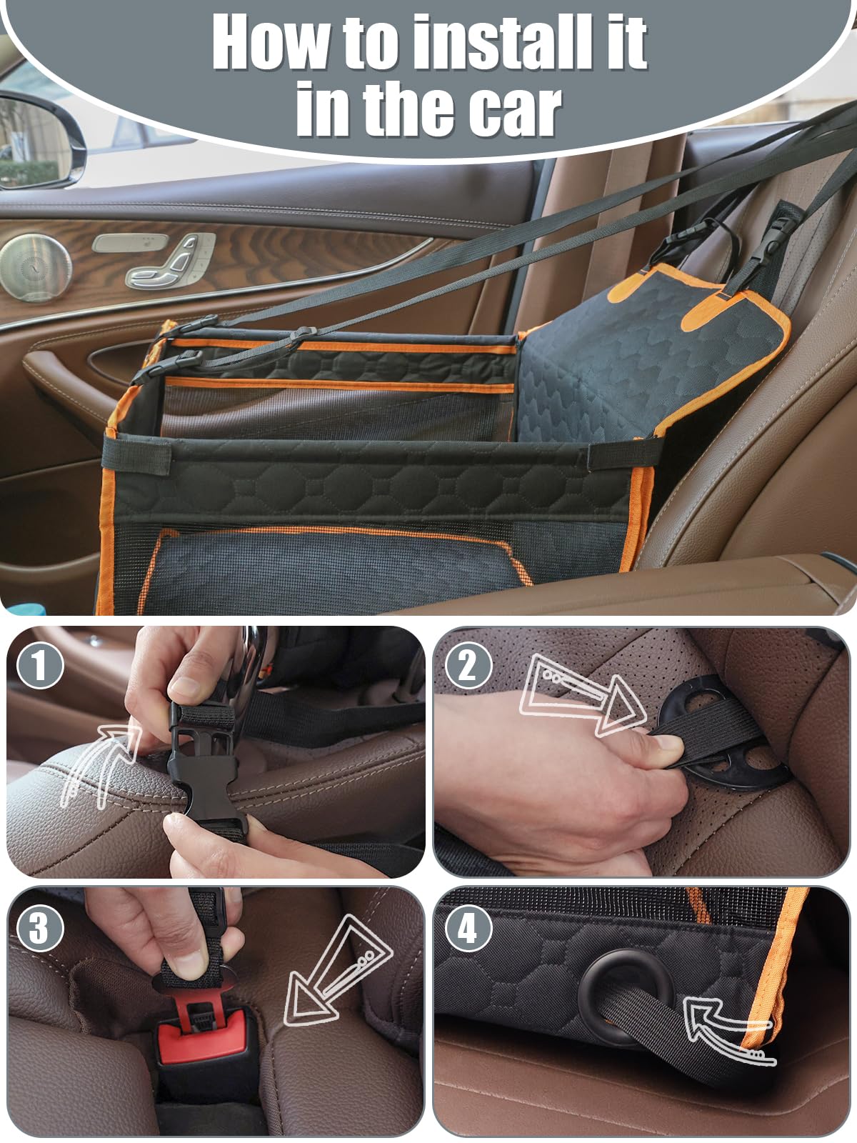 Prpeko Dog Car Seat for Large Dogs,Waterproof Fabric with Breathable Mesh&Adjustable Dog Seat Belt for Car,Dog Bed for Back Seat Up to 30 LB-Small Orange