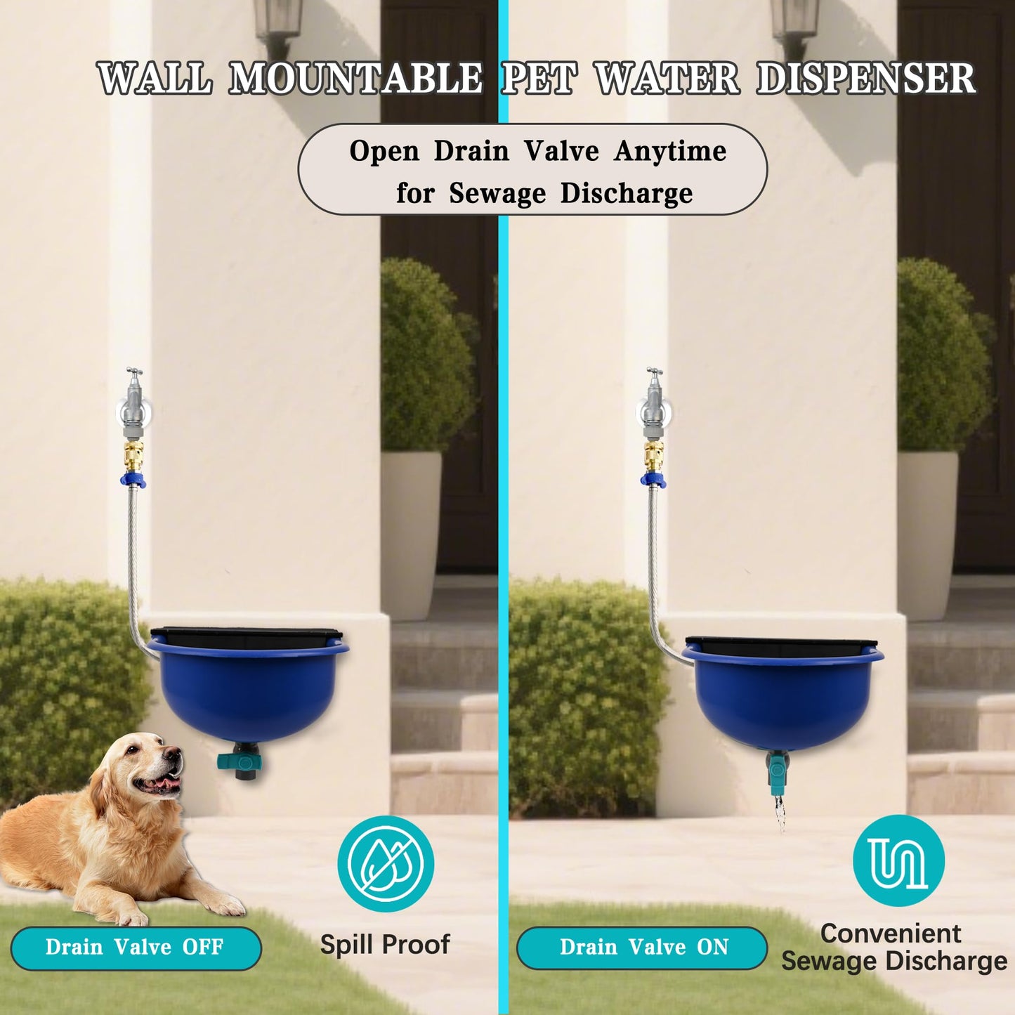 Boajf Automatic Water Dispenser for Dogs, with Drainage System & Auto Fill, 1 Gallon Plastic Outdoor Pet Waterer, Includes Drain Valve, Float Valve, Hose Quick Connector, for Horse, Chicken (Blue)