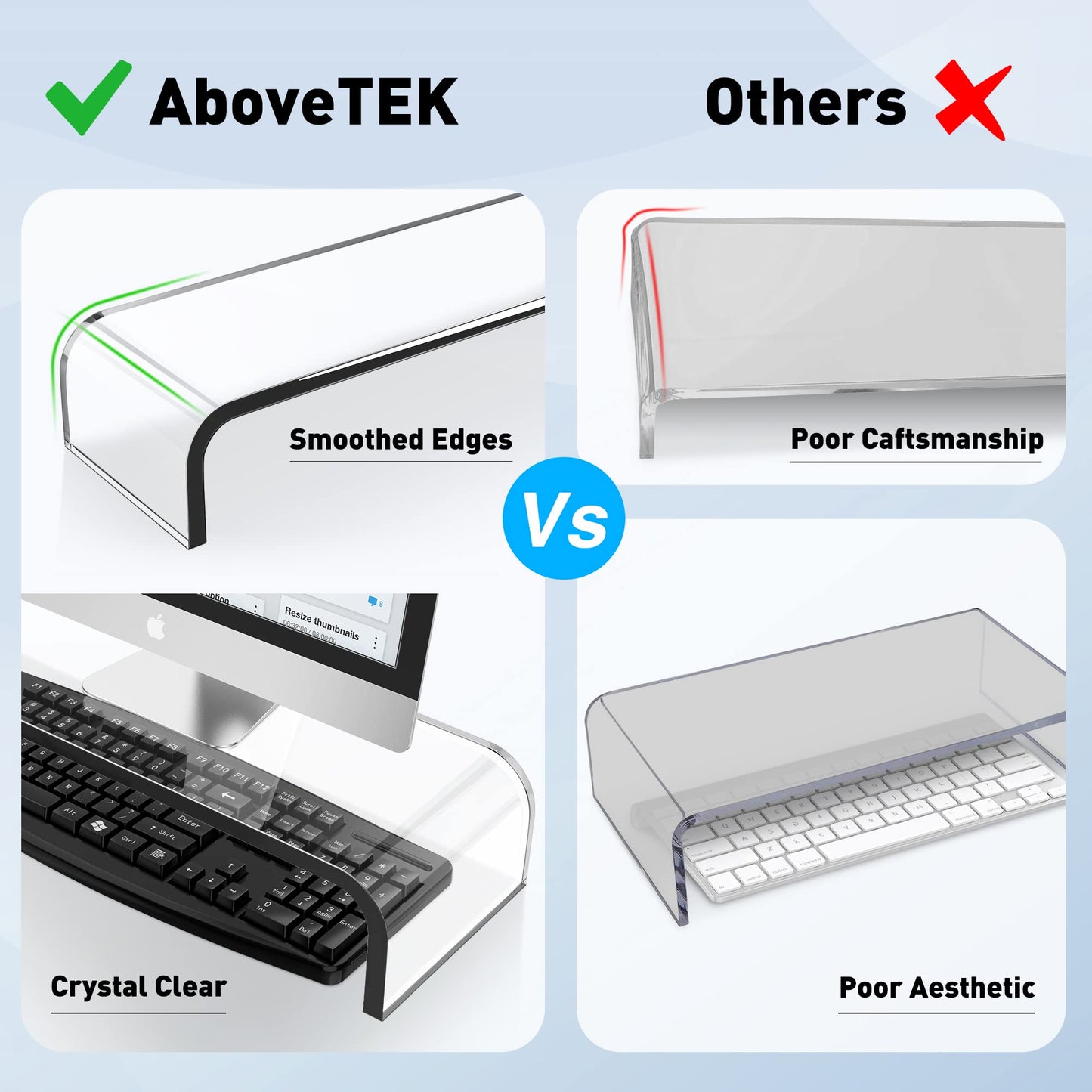 AboveTEK Premium Acrylic Monitor Stand, Large Size Monitor Riser/Clear Computer Stand for Home Office w/Sturdy Platform, Acrylic Desk Stand for Keyboard Storage & Multi-Media Laptop Printer TV Screen