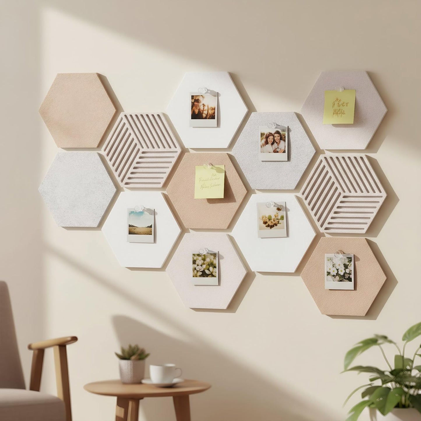 Acidea 12Pcs Hexagon Cork Boards for Walls, Self Adhesive DIY Bulletin Board Felt Cork Board Tiles with 50 Push Pins, Pin Boards for Office School Home Wall Decor Stickers Memos Photos Display