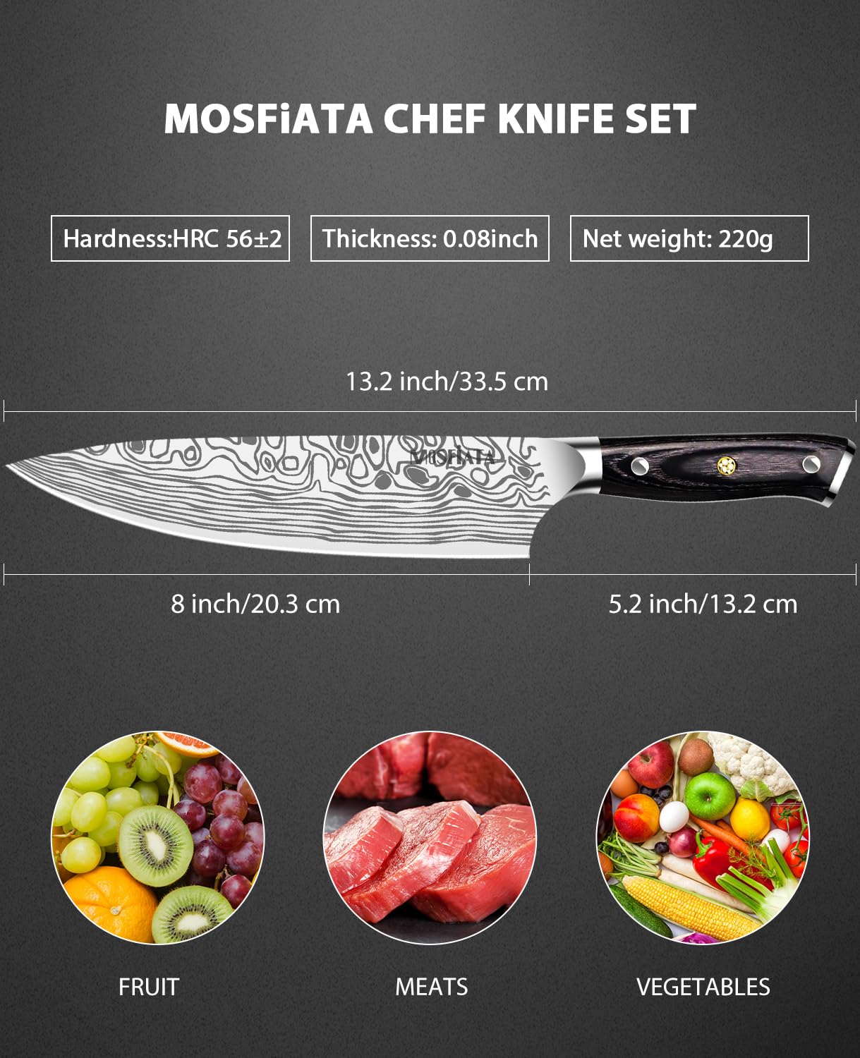 MOSFiATA 8 inch Super Sharp Professional Chef's Knife with Finger Guard and Knife Sharpener, German High Carbon Stainless Steel EN1.4116 with Micarta Handle and Gift Box