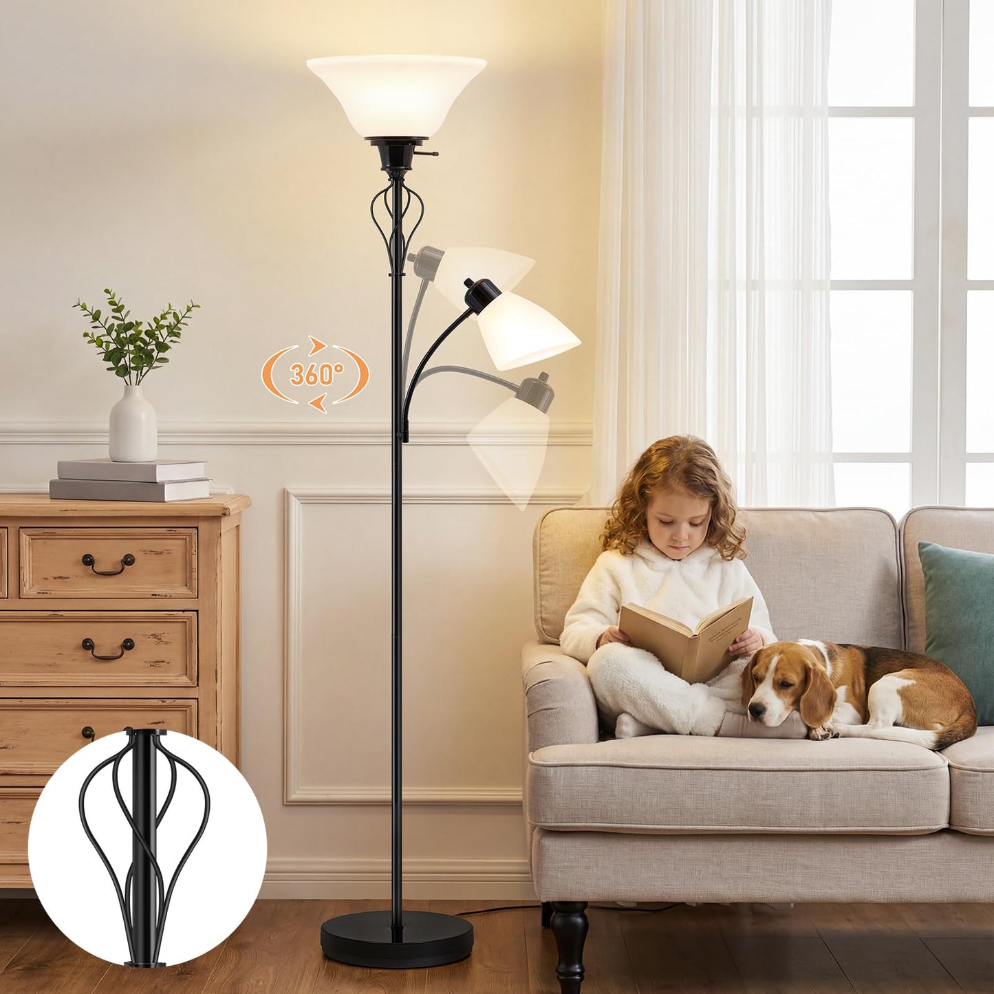 Floor Lamp for Bedroom, 70" Tall 2-in-1 Torchiere Floor Lamp with Adjustable Gooseneck Reading Light, Plastic Shade Lamps Separate On/Off Switch Modern Corner Standing Lamp for Living Room, Office