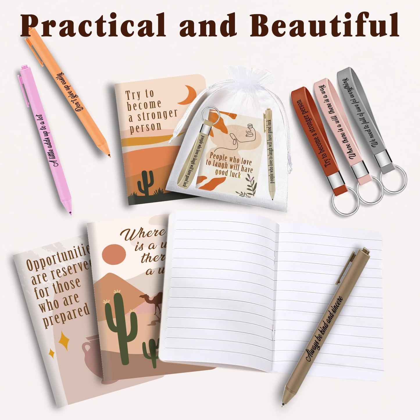 64 Pcs Motivational Mini Notebooks Bulk Set,16Pcs Motivational Quote Notebooks,16Pcs Ballpoint Pens,16Pcs Keychains,16Pcs Packaging Bags,Thank You Gifts for Teacher Colleagues