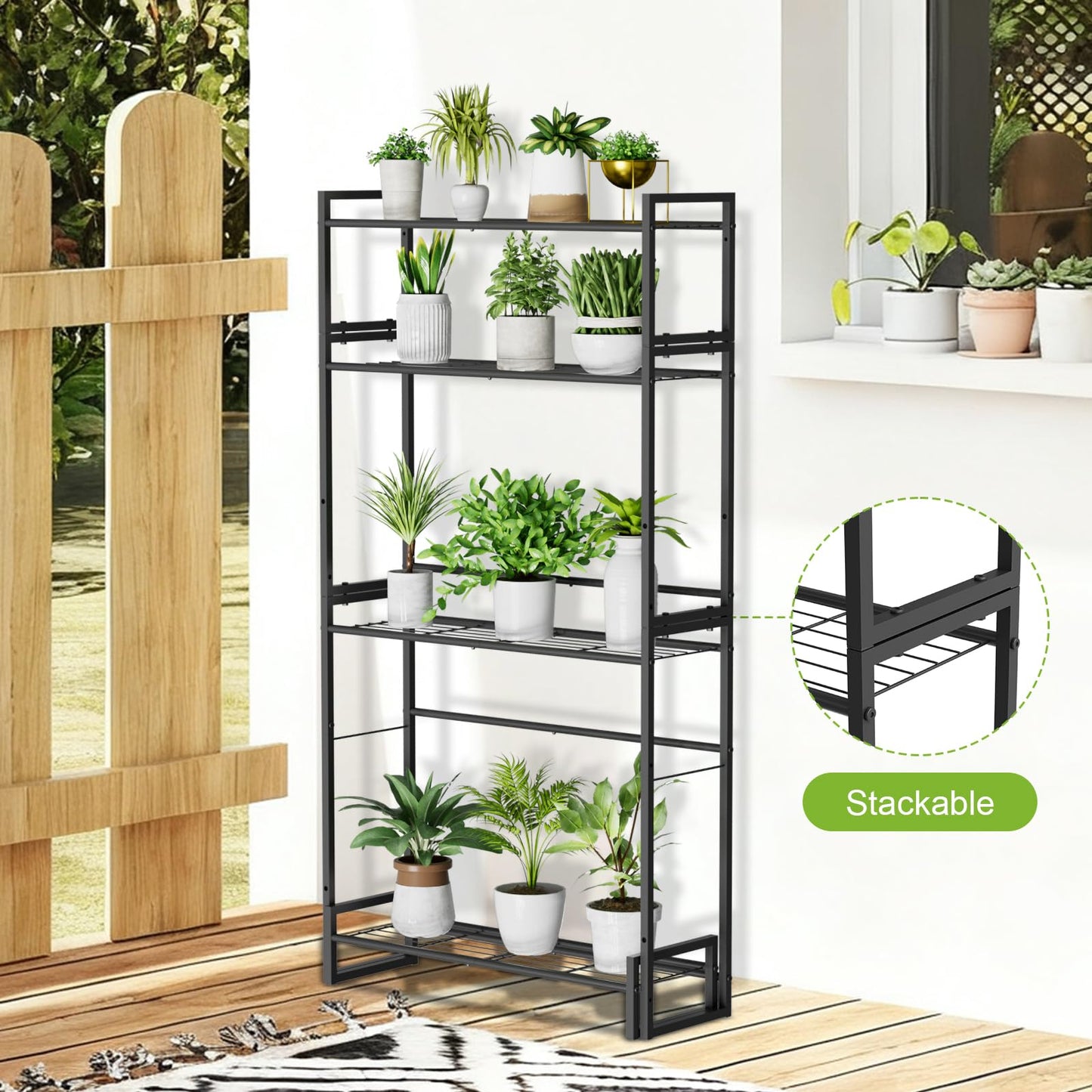VyGrow Plant Stand, 4 Tier Stackable Tiered Plant Stand, Scalable Heavy Duty Tall Plant Shelf for Indoor Outdoor, Garden, Display Shelves, Flower Pot Holder (Black)