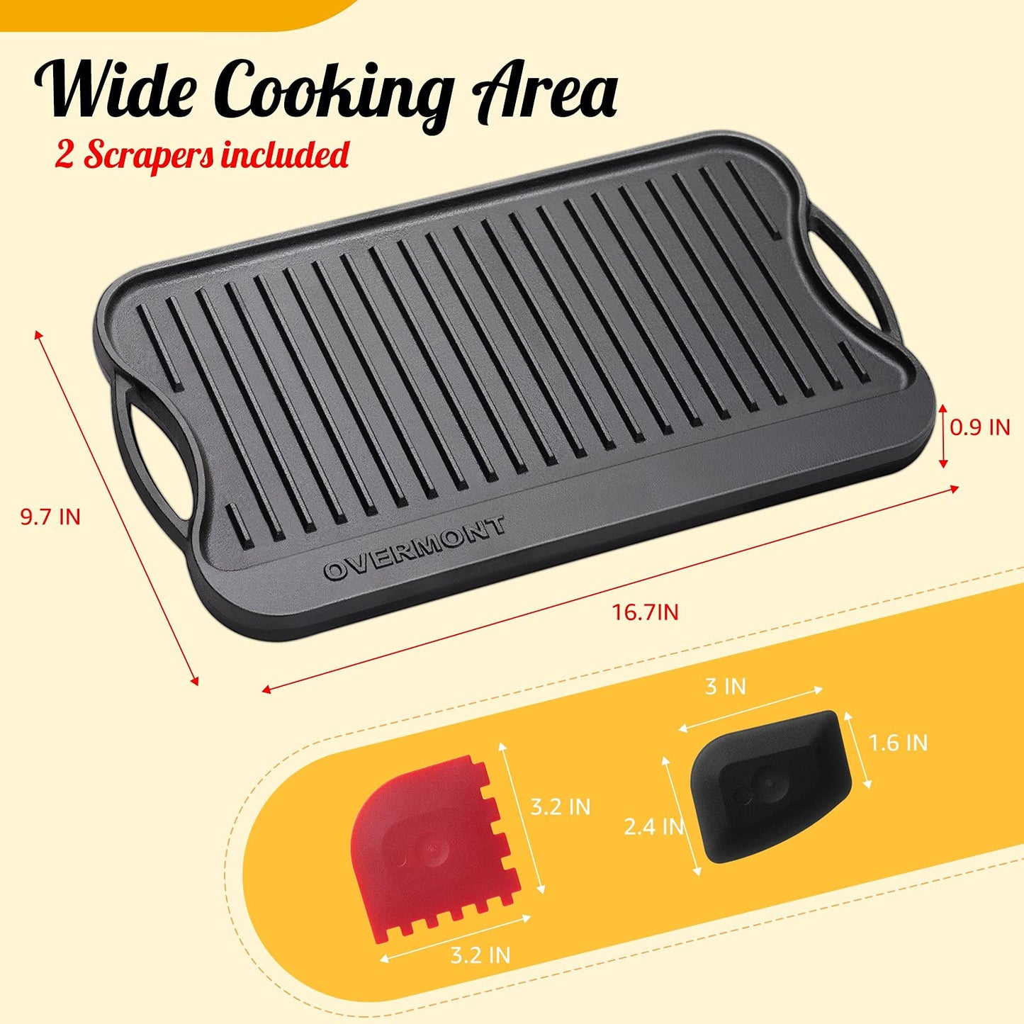 Overmont Reversible Grill Pan Cast Iron Pan 17x9.8 Pre-Seasoned Skillet with Handles for Stovetop Open Fire Oven, Scrapers Included
