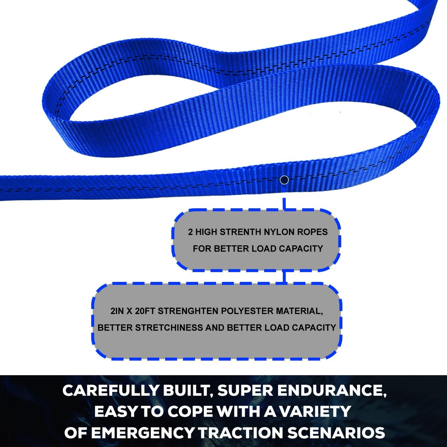 AXSIPEIX Nylon Tow Strap with Hooks Heavy Duty, 2”x20’(20,000lbs) Recovery Rope Car Tow Strap for UTV, ATV, Truck(Blue)
