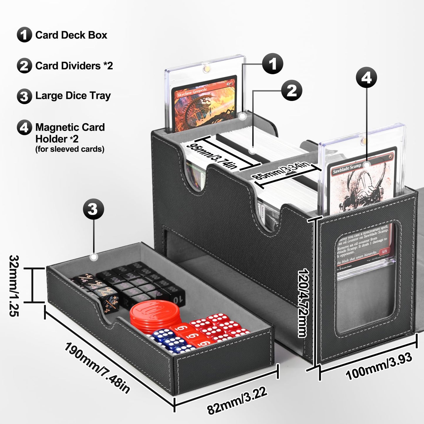 Card Deck Box for MTG, Double Card Storage Box with 2 Commander Display & Dice Tray, Fits 200+ Double Sleeved Cards, Card Organizer for CCG TCG Sports Cards (Black&Gray)