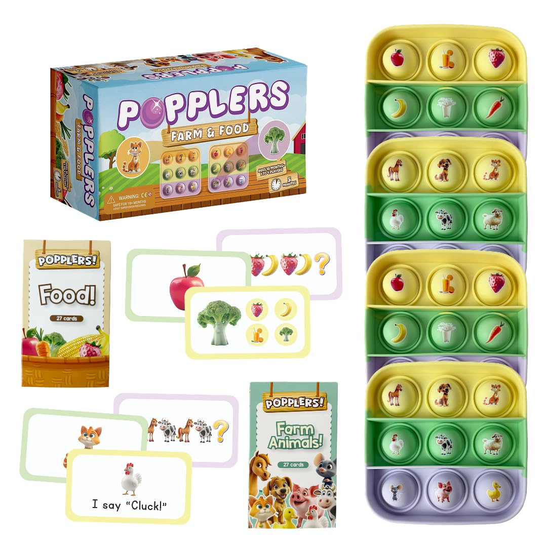 THE FIDGET GAME Popplers, Toddlers Early Learning & Educational Fidget Toy, Food & Farm Animals Popping Games, Teacher Must Have for Matching, Sound Recognition and First Words, 6 Mini-Games Included
