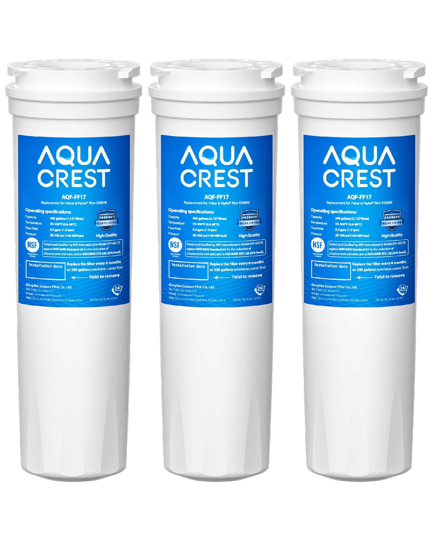 AQUA CREST 836848 Refrigerator Water Filter, Replacement for Fisher & Paykel 836848, 862285, 836860, E522B, PS2067635, RF90A180DU, EFF-6017A, E402B, E442B, SUPCO WF296, RF135B, RF170A, RF201A (3 Pack)