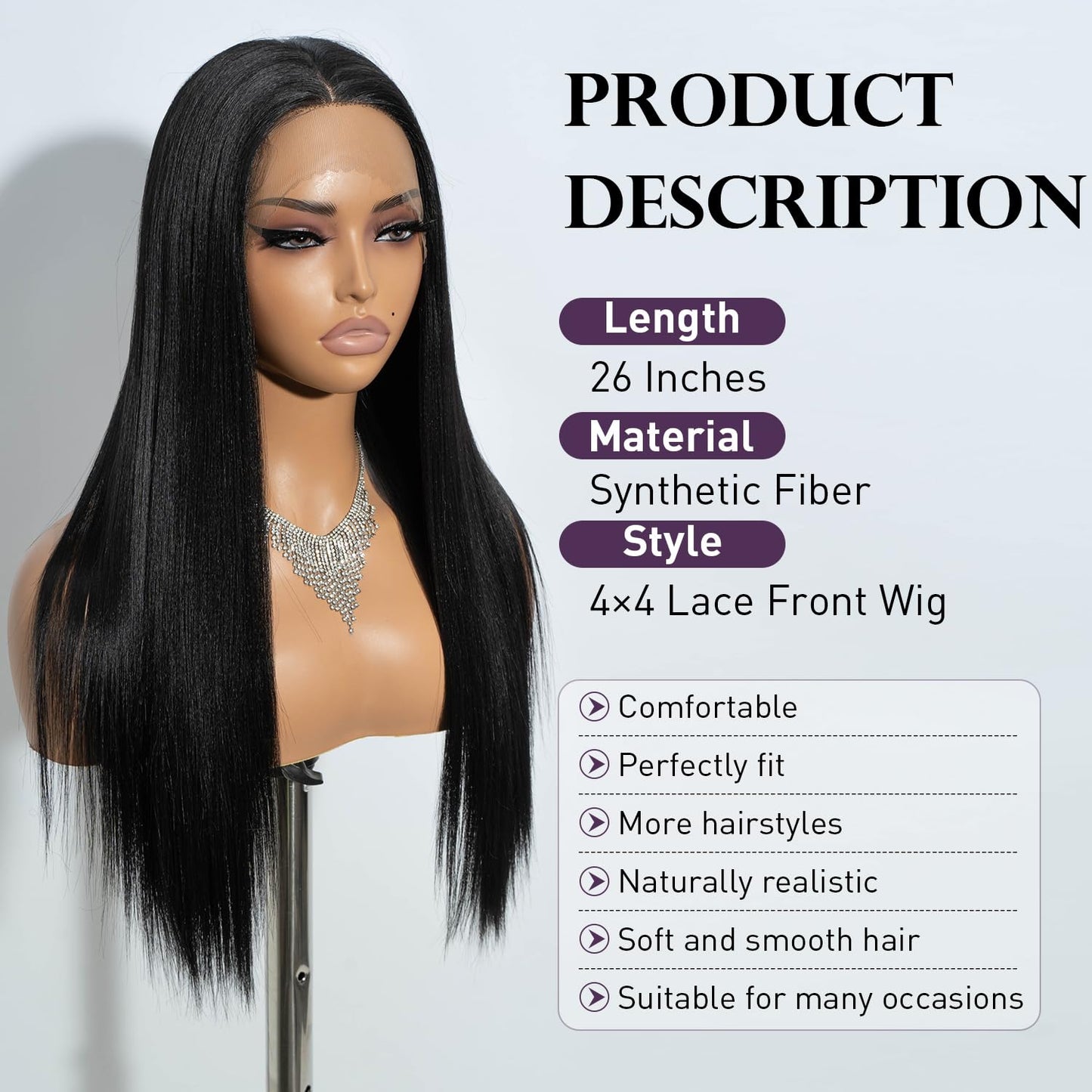 JOEDIR 26" Long Straight 4x4 inch Free Parting Silk Base Lace Frontal Wigs With Baby Hair High Temperature Synthetic Wigs For Black Women 180% Density Black Color Wigs 250g(1B)