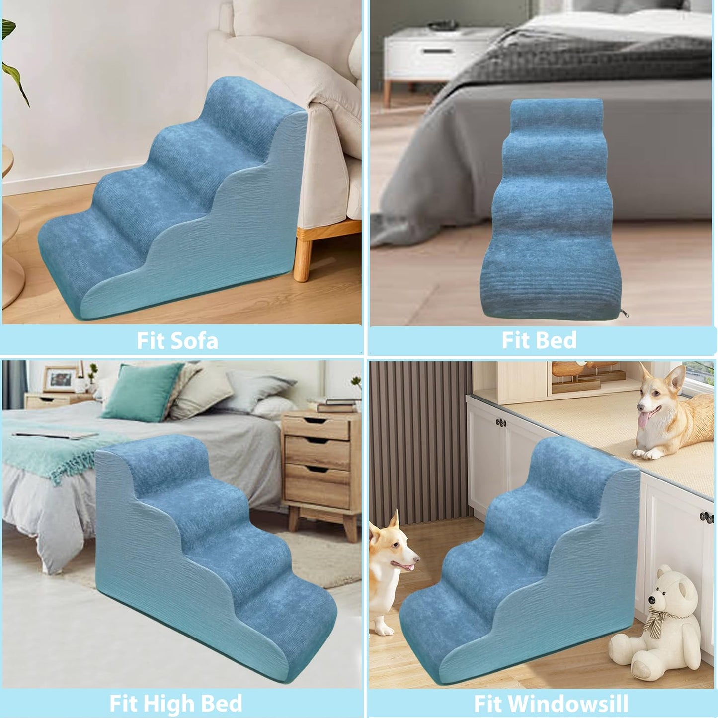 Kopmath Dog Stairs for Beds and Couches, 4+ Tiers Dog Steps, Sturdy and Stable, Strong-Support High Density Sponge, Protect Pets Joints, Non-Slip Bottom Design,21.7" H