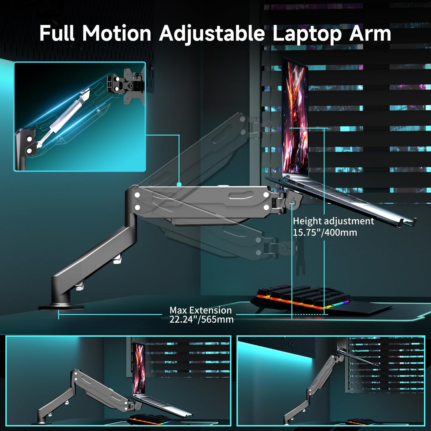 Pholiten 2 in 1 Laptop Desk Mount with Gas Spring Arm, Monitor Laptop Stand for 12-17 Inch Notebook and 13-32 Inch Computer Screen, Holds 22lbs, Full Motion with Vented Tray