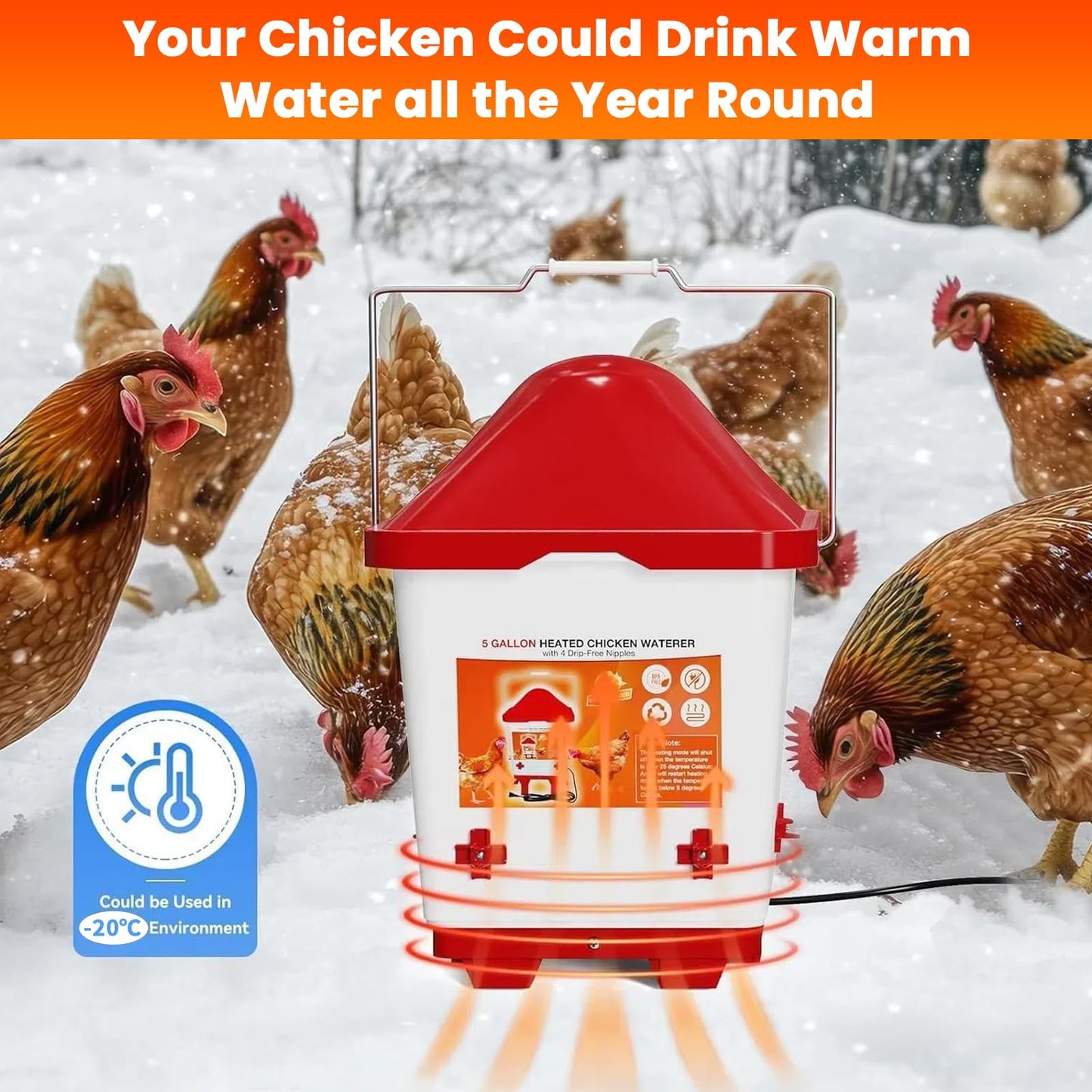 Heated Chicken Waterer, Thermostatically Controlled Poultry Waterer with 4 Nipples and 6 Foldable Legs, Large Hanging Chick Water Heater for Winter Chicken Coop Accessories, 5 Gallon (Red + White)