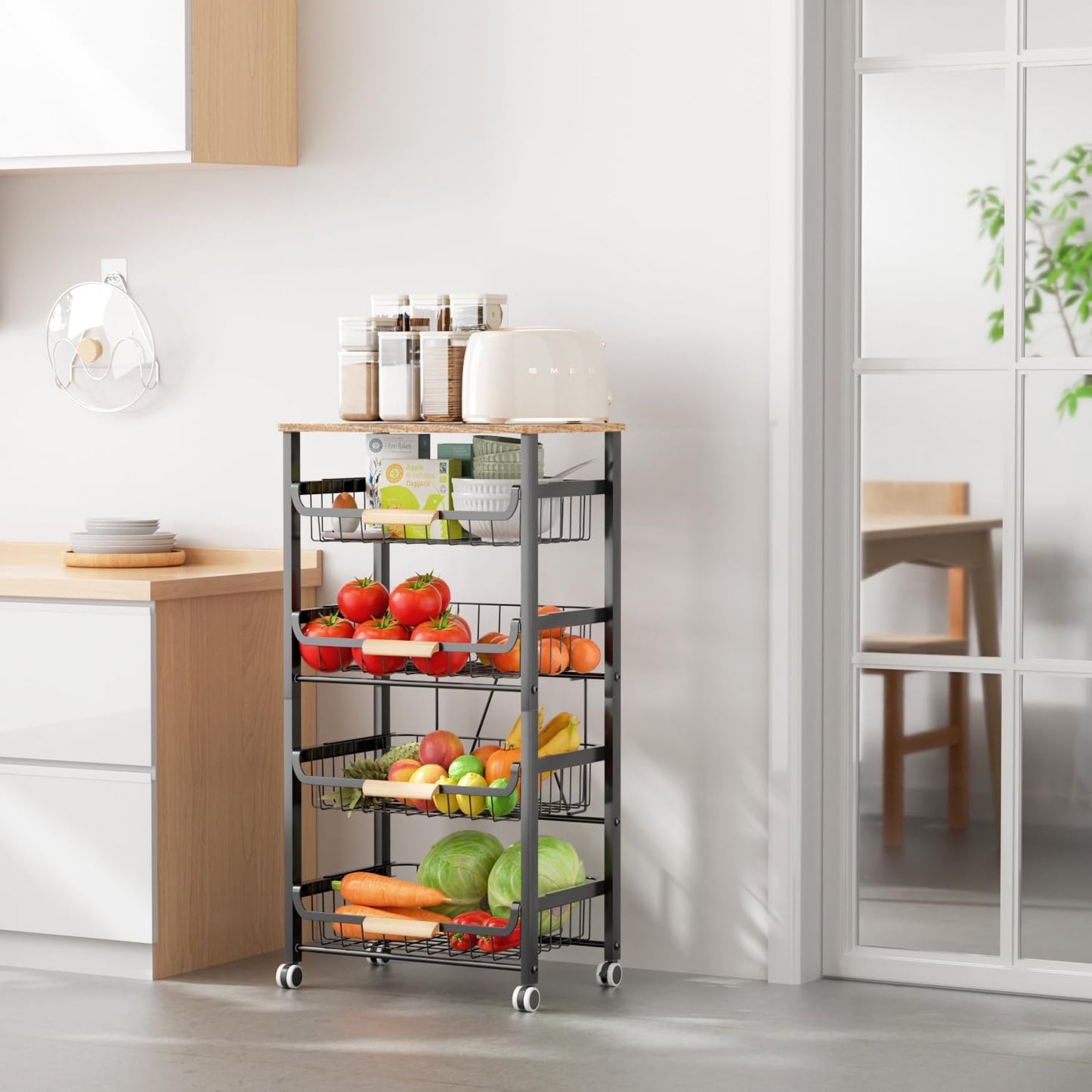 NiuYichee 5-Layer Fruit Basket Kitchen Food Organizer and Storage Rack, Stackable Cart With Desktop, Pull-Out Hollow Metal Basket, Wheeled Sorting Spice Rack, Black