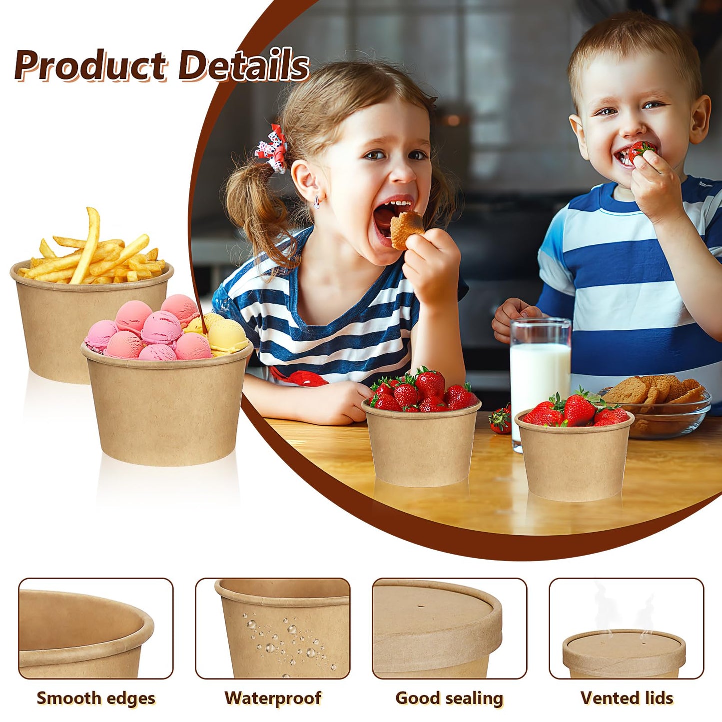 100 Pack 8 oz Paper Soup Containers with Vented Lids, Disposable Kraft Paper Food Containers to Go Hot Soup Bowls Ice Cream Cup Dessert Cup for Restaurants (Kraft)