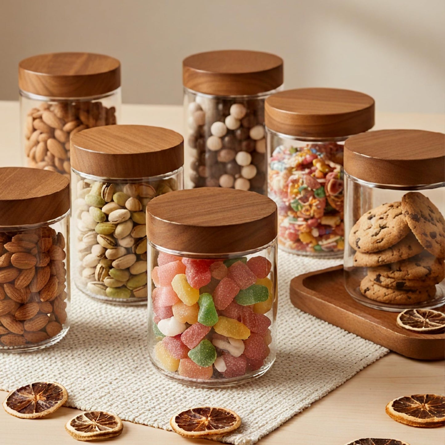 Bumobum 16 oz Overnight Oats Containers with Lids, Glass Mason Jars with Acacia Wood Airtight Lid, Wide Mouth Glass Canisters for Food Storage Chia Pudding Snacks Yogurt Spice Meal Prep, 6-Pack