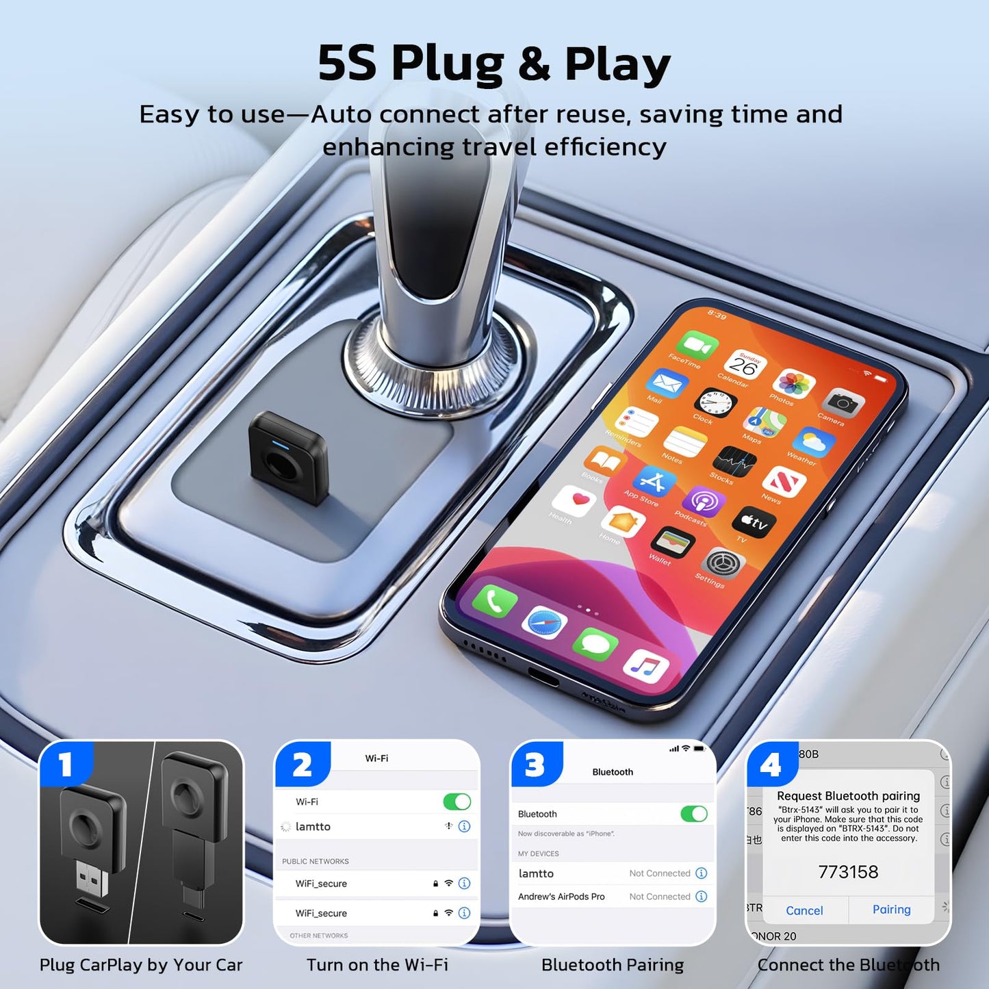 LAMTTO 2-in-1 Wireless CarPlay and Android Auto Adapter, Convert Wired to Wireless CarPlay Mini Adapter for OEM Wired Cars, USB Type C Plug and Play, OTA Support,Stable Car Control and No Delay