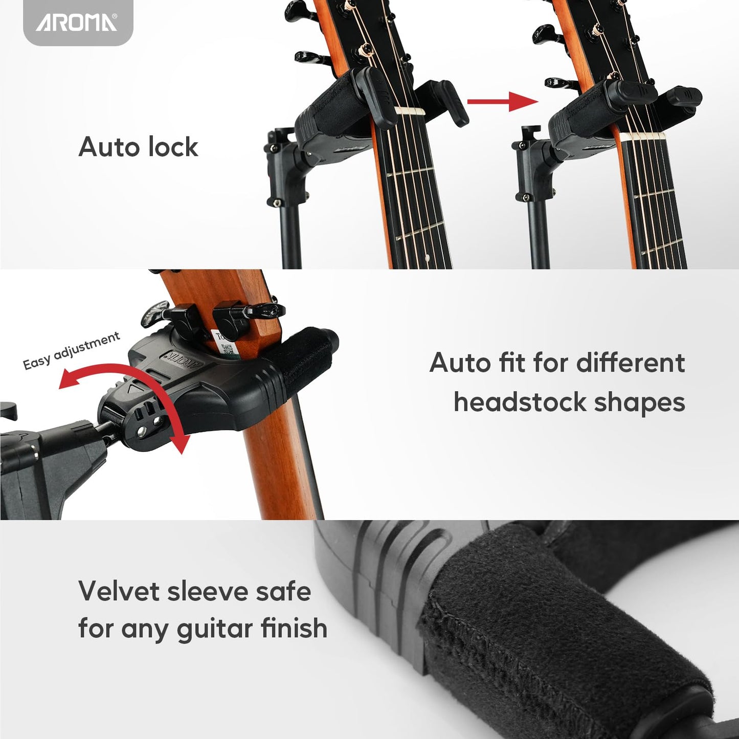 AROMA Bass Stand Universal for Acoustic Electric Classical Guitars Floor Stand Foldable with Auto-Lock Neck Holder Soild Tripod One Button Lift