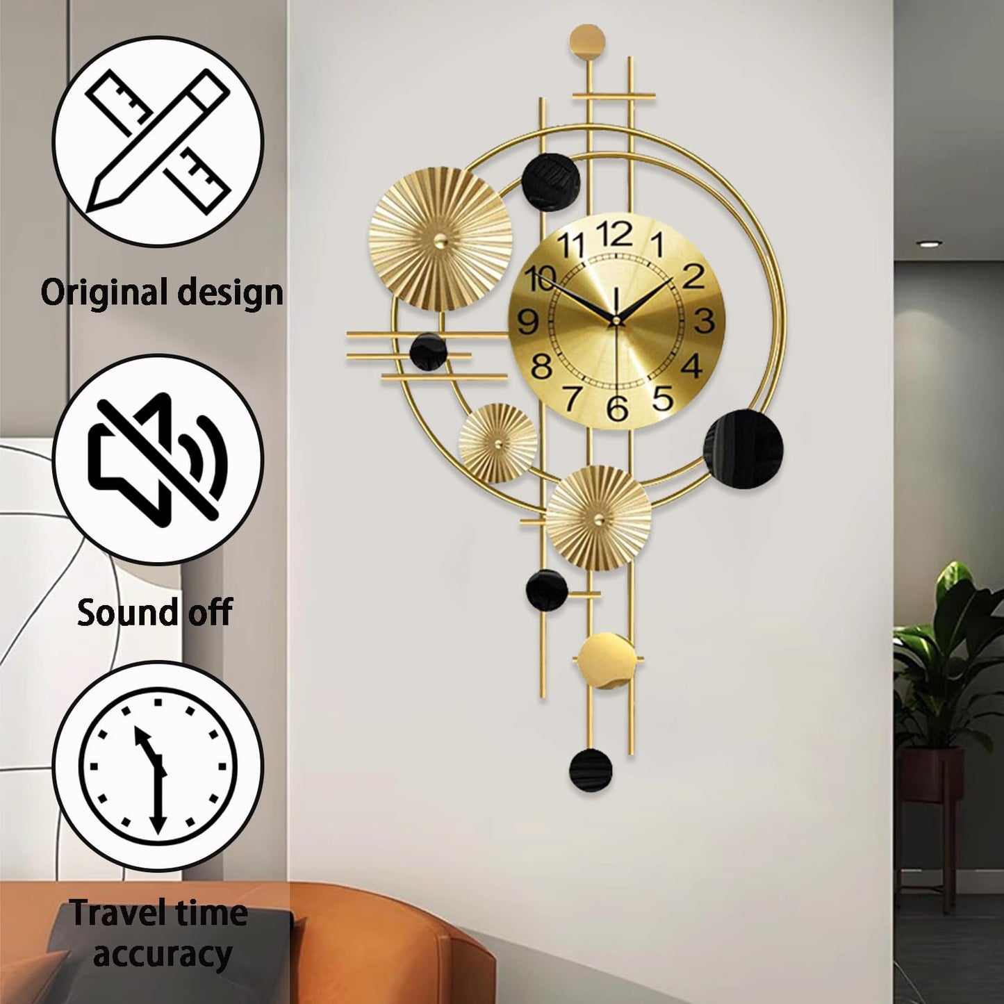 Large Wall Clock for Living Room Decor, Wall Clock for Kitchen, 17.8x30.7nch Big Wall Clock Decorative, Metal Wall Art, Analog Large Clock for Bedroom, Home, Kitchen, Office, Wall Decor (Golden)