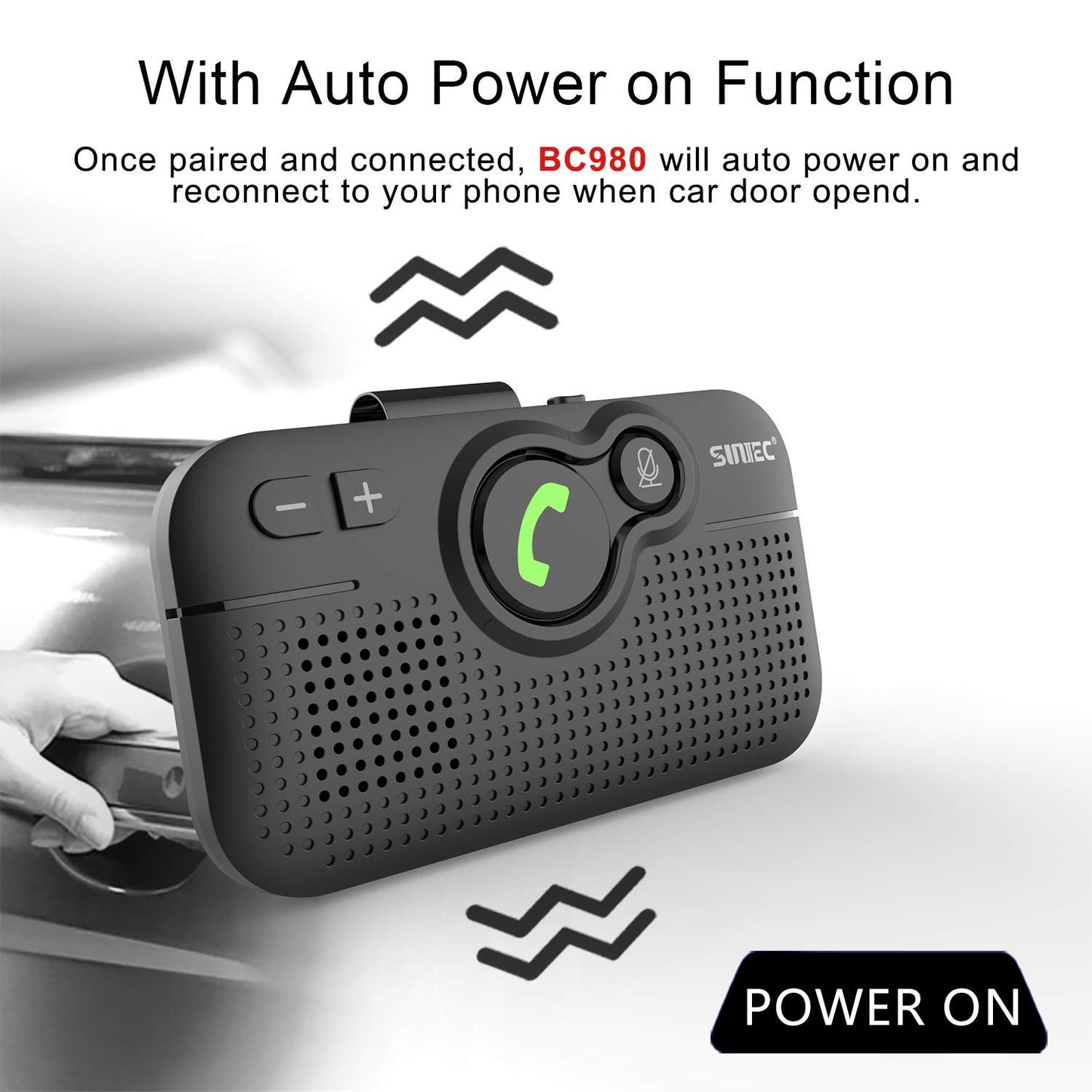 SUNITEC Handsfree Bluetooth for Cell Phone, Bluetooth Car Speaker AUTO ON Off 3W Speakerphone Support Siri Voice Assistant Wireless in-Car Hands Free Speaker with Visor Clip - BC980P