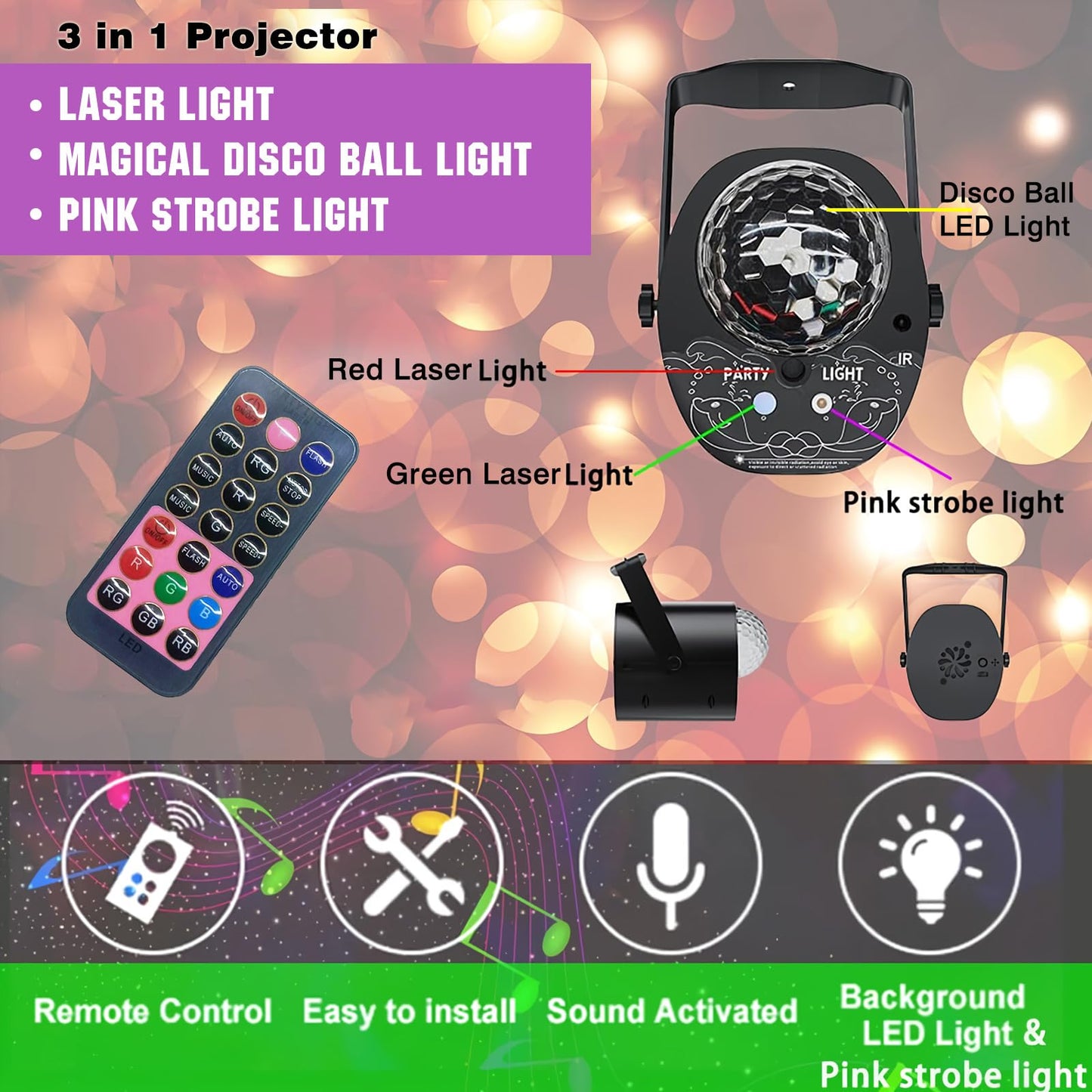 Disco Ball Lights, Party Lights, Dj Disco Lights Laser Light, Sound Activated Stage Strobe Projector with Remote Control for Pub Bar Birthday Christmas Wedding Home Party