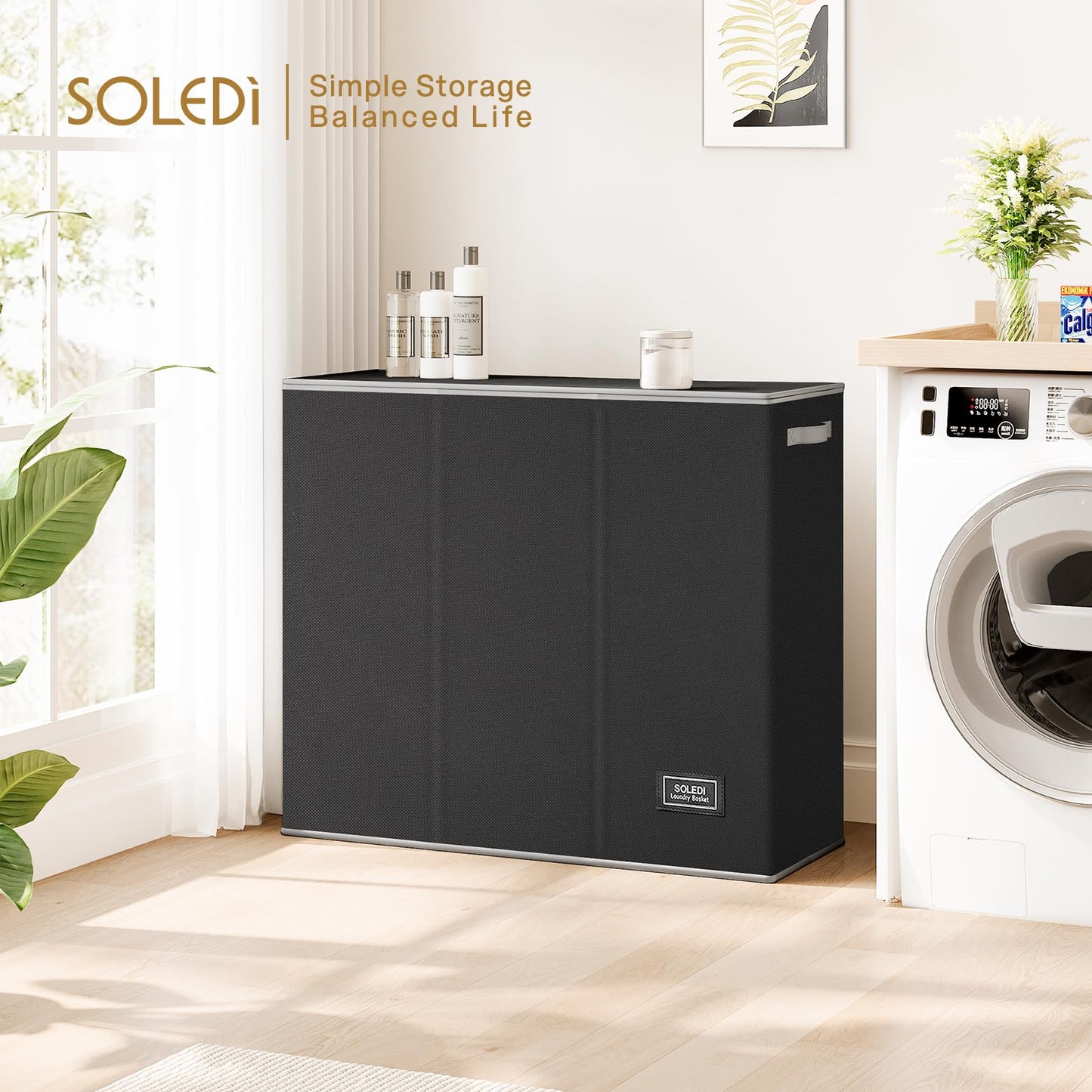 SOLEDI 180L Laundry Hamper 3 Section, Extra Large Laundry Hamper with Lid, Dirty Clothes Hamper with Sturdy Handle, Large Laundry Basket Organizer for Laundry Room, Bedroom, Hampers for Laundry-Black