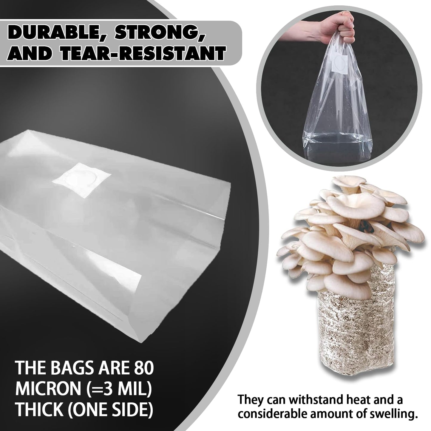 TonGass 60-Pack Autoclavable Mushroom Growing Bag Bulk with Microporous Filter Patchs - Large 8"x5"x20" Extra Thick 80 Micron (=3 Mil)| Mushroom Cultivation Spawn Supply Myco Bag Bulk Substrate Bags