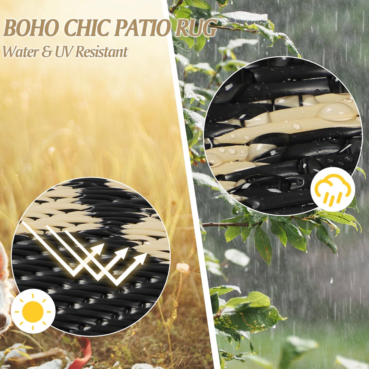 Cekene Round Outdoor Rugs for Patio 8Ft Waterproof Reversible Outdoor Patio Rugs Black Lightweight Plastic Straw Rugs Portable RV Camping Mat Floor Carpet for Deck Porch Picnic BBQ