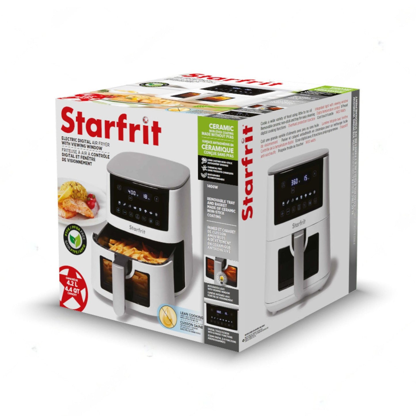 Starfrit Electric Digital Air Fryer - 4.2L Capacity - Ceramic Non-Stick Surface - 8 Preset Functions - Viewing Window -1400W
