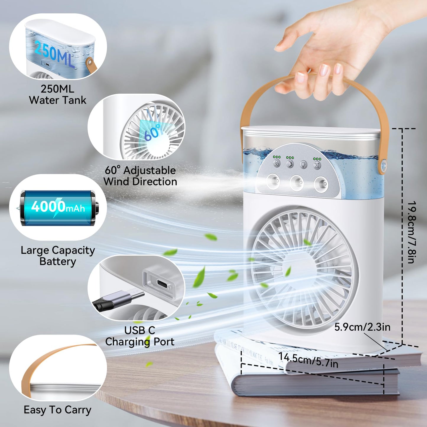 Portable Air Conditioner Cooling Fan, Rechargeable Mini Evaporative Personal Air Cooler Fan with 3 Speeds and 2 Spray, 1/2/3H Timer, 7 Night Light, for Room Bedroom, Office, Desk