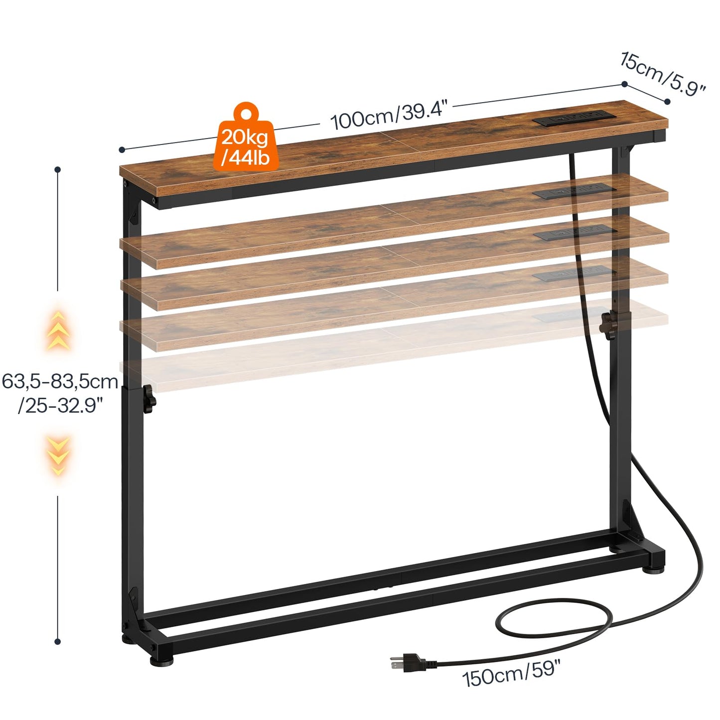 HOOBRO Narrow Console Table with Adjustable Height (25''-32.9''), Skinny Sofa Table with Charging Station, Behind Couch Table, 39.4" W x 5.9" D, for Living Room, Entryway, Rustic Brown BF95UXG01