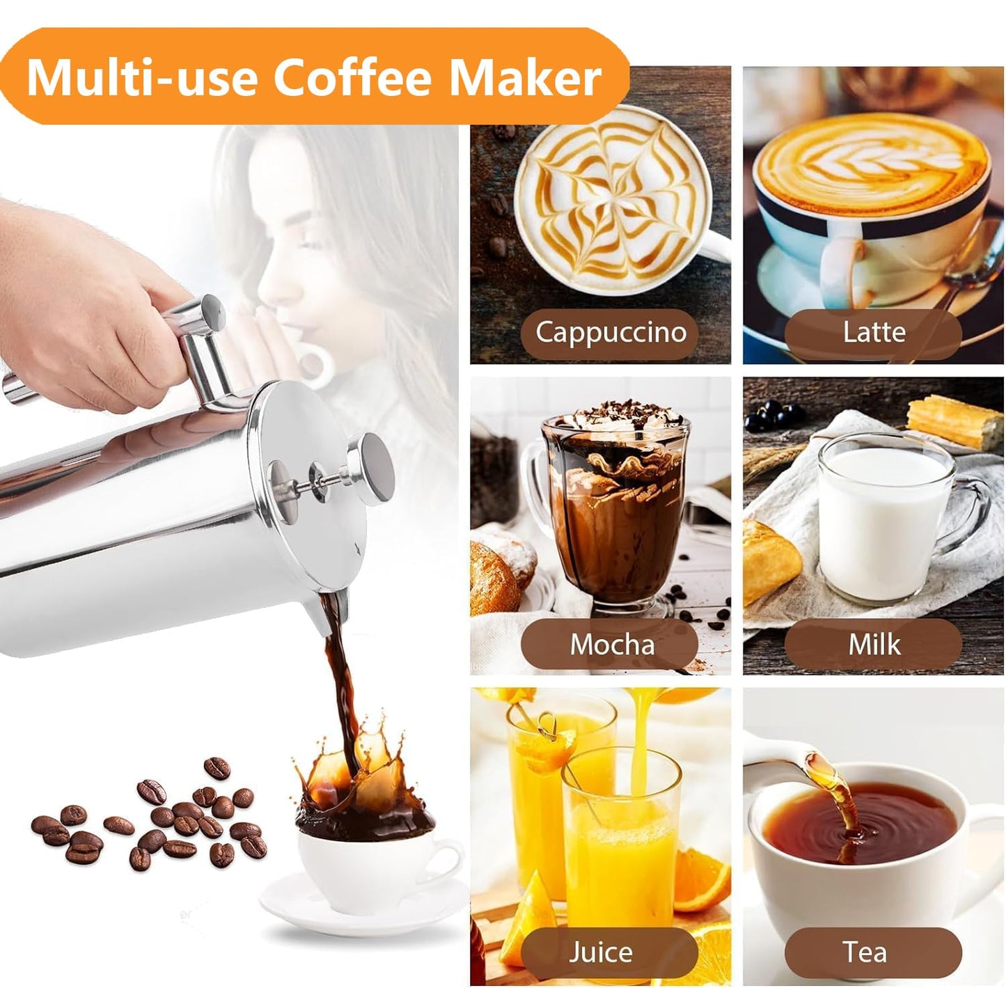 Meelio Large French Press Coffee Maker 1500ml/50oz Double-Wall Insulated Stainless Steel Coffee Press, 3 Level Filtration System, French Press for Home, Camping and Office, Silver (8-10 cups)