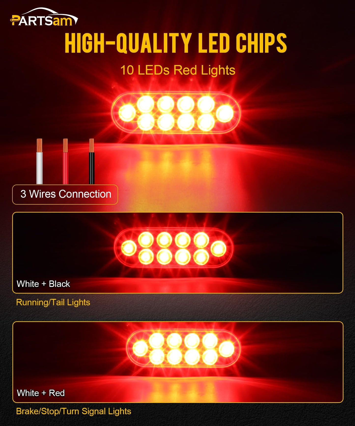 Partsam 2Pcs 6 Inch Oval Red Led Trailer Tail Lights 10 Diodes Clear Lens Stop Brake Turn Lights Grommet and Pigtails Waterproof 12V Sealed for RV Trucks, 6 Oval led Tail Lights Clear