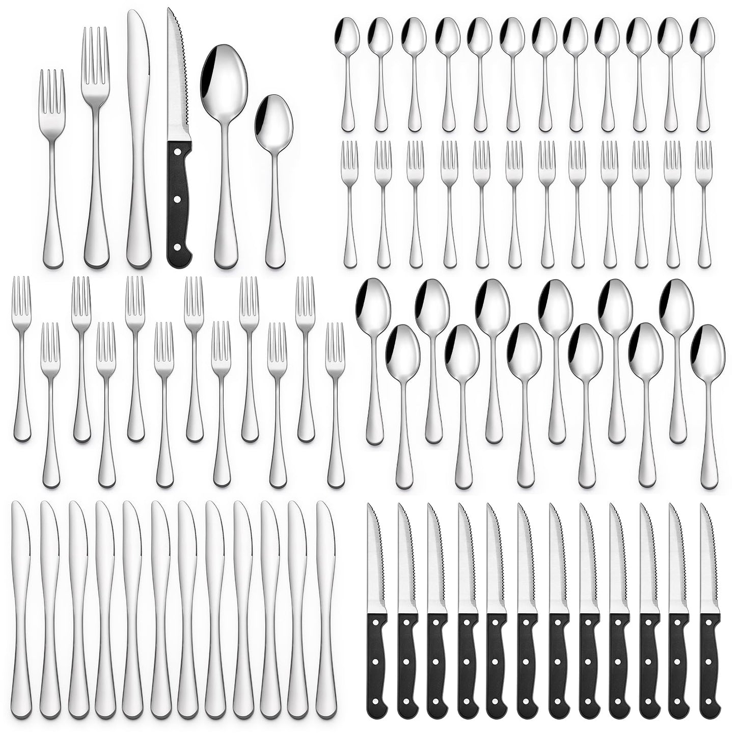 48-Piece Silverware Set with Steak Knives, Flatware Set for 8, Food-Grade Stainless Steel Tableware Cutlery Set, Utensil Sets for Home Restaurant, Mirror Finish, Dishwasher Safe