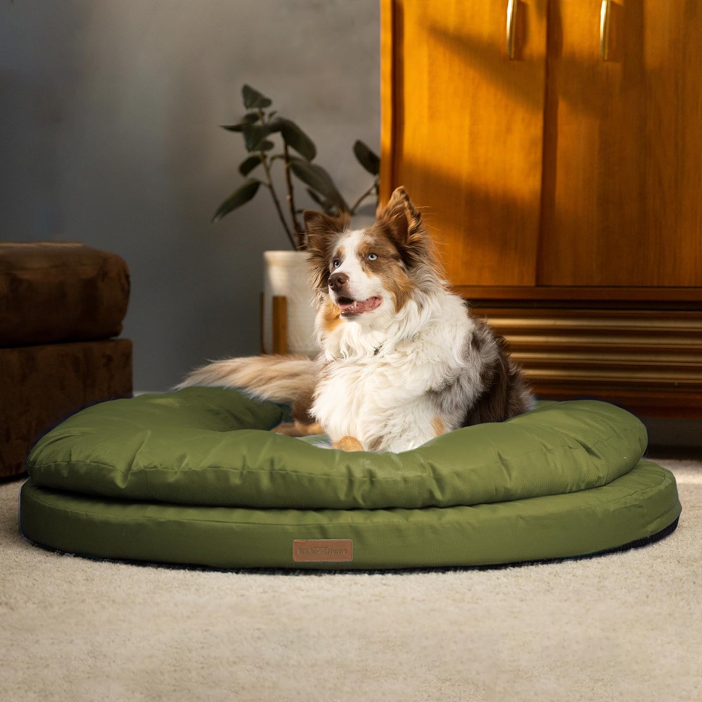 ClevaHome Orthopedic Dog Bed for Large Dogs, Dual Layer Water Repellent Round Pet Bed with Washable Cover Nonslip Bottom (Olive Branch)