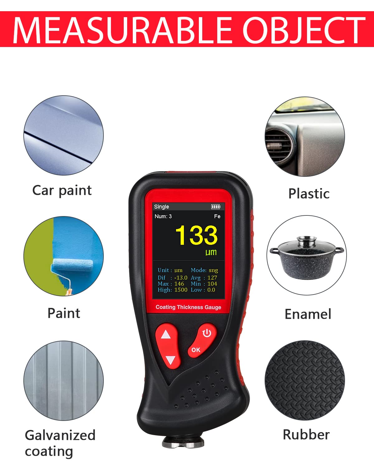 Wintact Paint Coating Thickness Gauge Meter 0~1300um, 1500 Readings Storage, 360°Screen Rotation, Backlit Color Display, Voice Feature, Auto-Off, Rechargeable for Used Car Buyer Check Original Coating