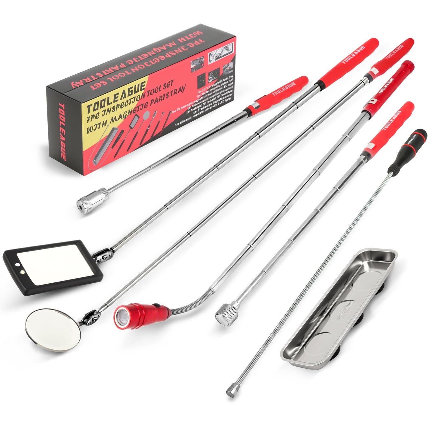 TOOLEAGUE 7Pcs Telescoping Magnetic Pickup Tool Set, Extendable LED Flashlight,Round & Square 360° Inspection Mirror for Men Mechanics, and Handymen, Red