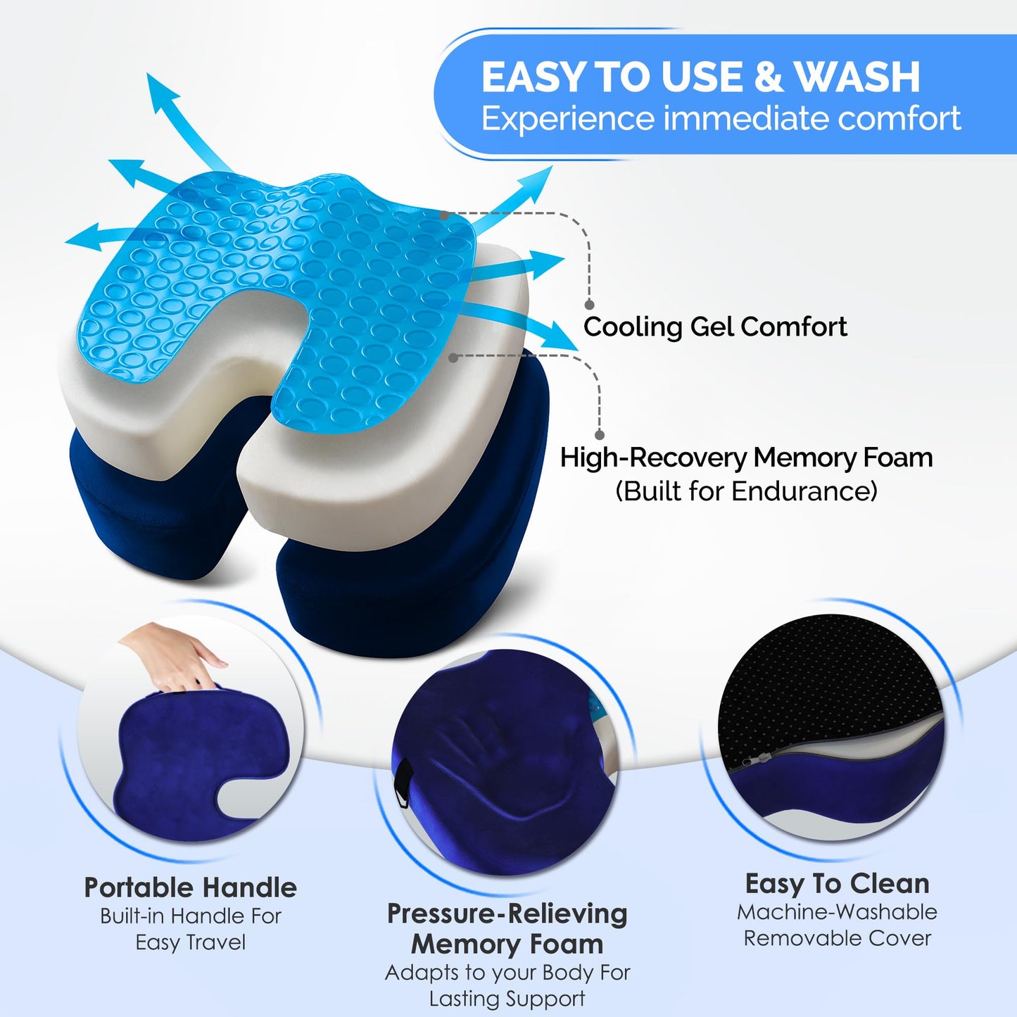 lifelong trusted deal Gel Seat Cushion – Navy Blue Flannel Pillow with Velvet Removable Cover – Ergonomic Sponge Support for Office with Adjustable Strap