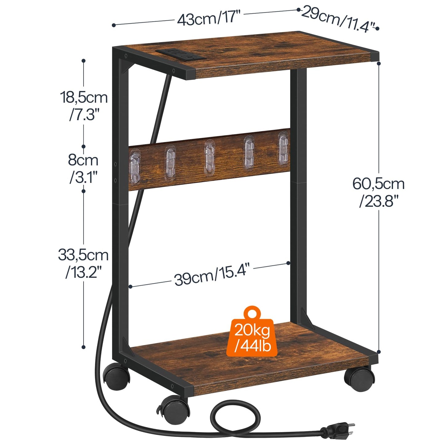HOOBRO Computer Tower Stand, PC Stand with Charging Station, 2-Tier PC Tower Stand with Locking Caster Wheels, CPU Stand Fits Most PCs, for Floor, for Home Office Rustic Brown BF01UCJ01G1