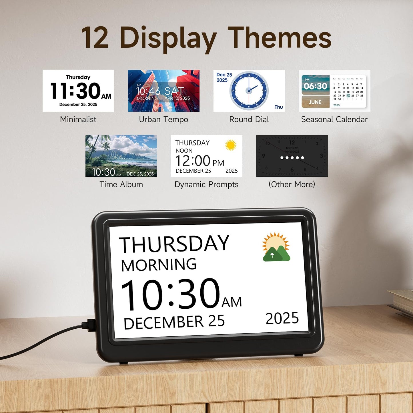 Raynic Date Clock, 7 Inches Digital Calendar Clock with 12 Themes, 20 Alarms, 20 Reminders, Semi-Automatic Dimming, 12/24 Hours, Auto DST for Desktop, Office, Students