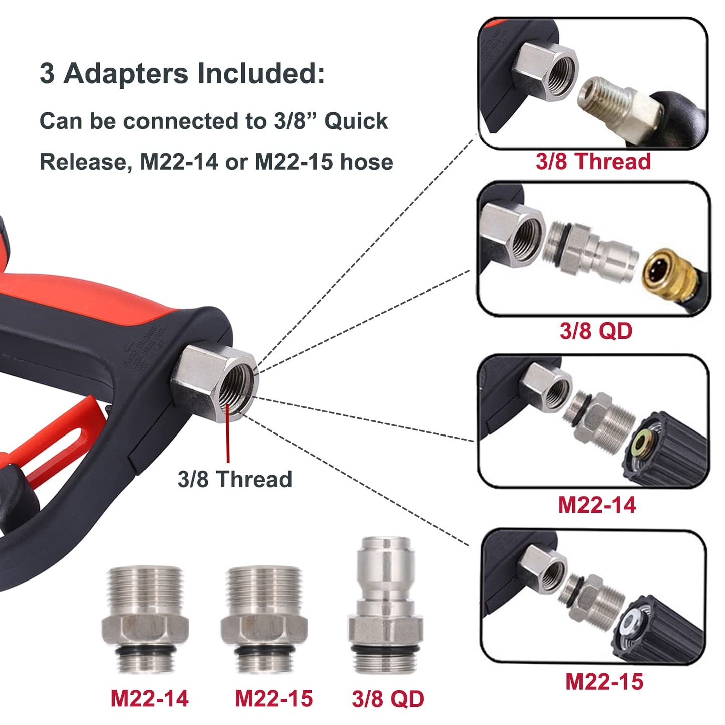 CREEXEON Pressure Washer Short Gun, Commercial 5000 PSI / 10.5 GPM, Swivel Inlet, 3/8 Inch M22 14mm and M22 15mm, With 5 Spray Tips,3 Adapters Inclued,Sturdy Design Universal for Most Pressure Washers
